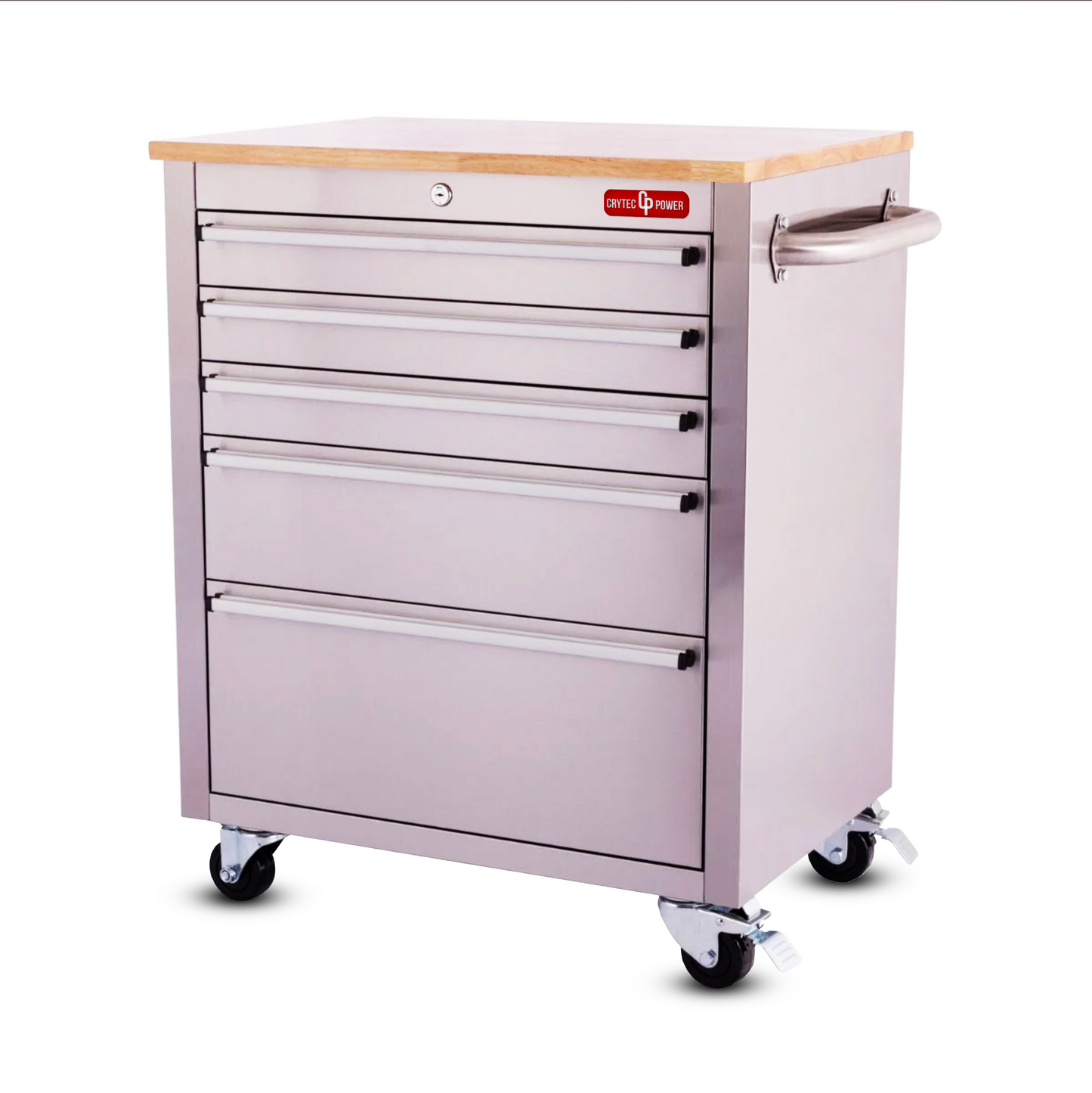 Crytec | 26" Stainless Steel Tool Cabinet | 5 Drawer | Wooden Worktop