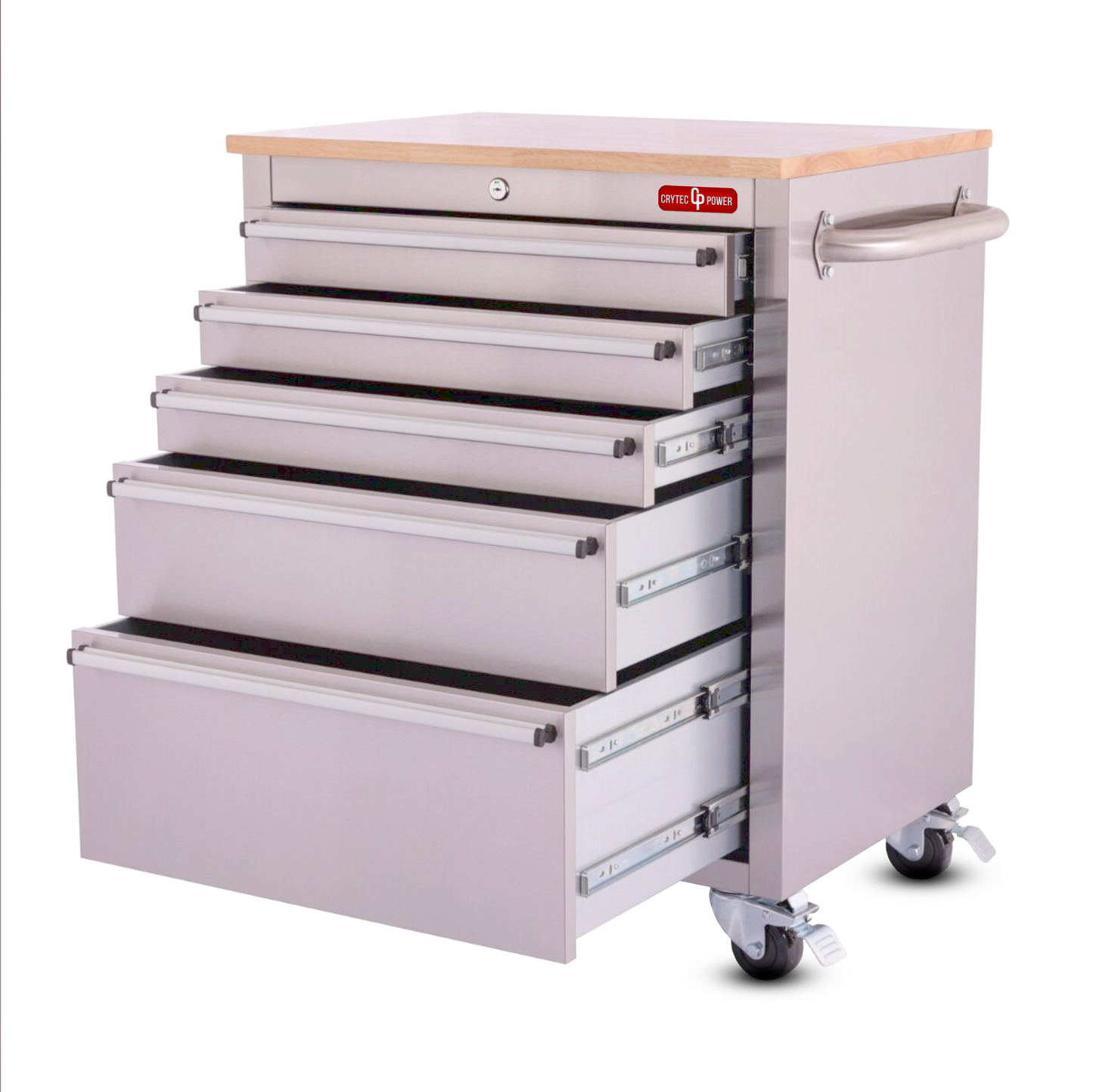 Crytec | 26" Stainless Steel Tool Cabinet | 5 Drawer | Wooden Worktop