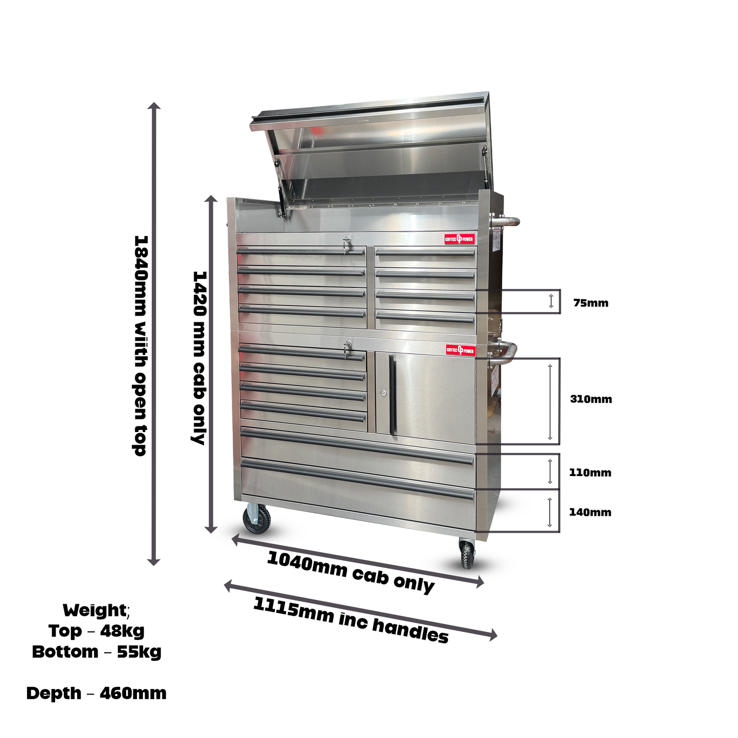 Crytec | 41" Stainless Steel | 14 Drawer | Tool Cabinet