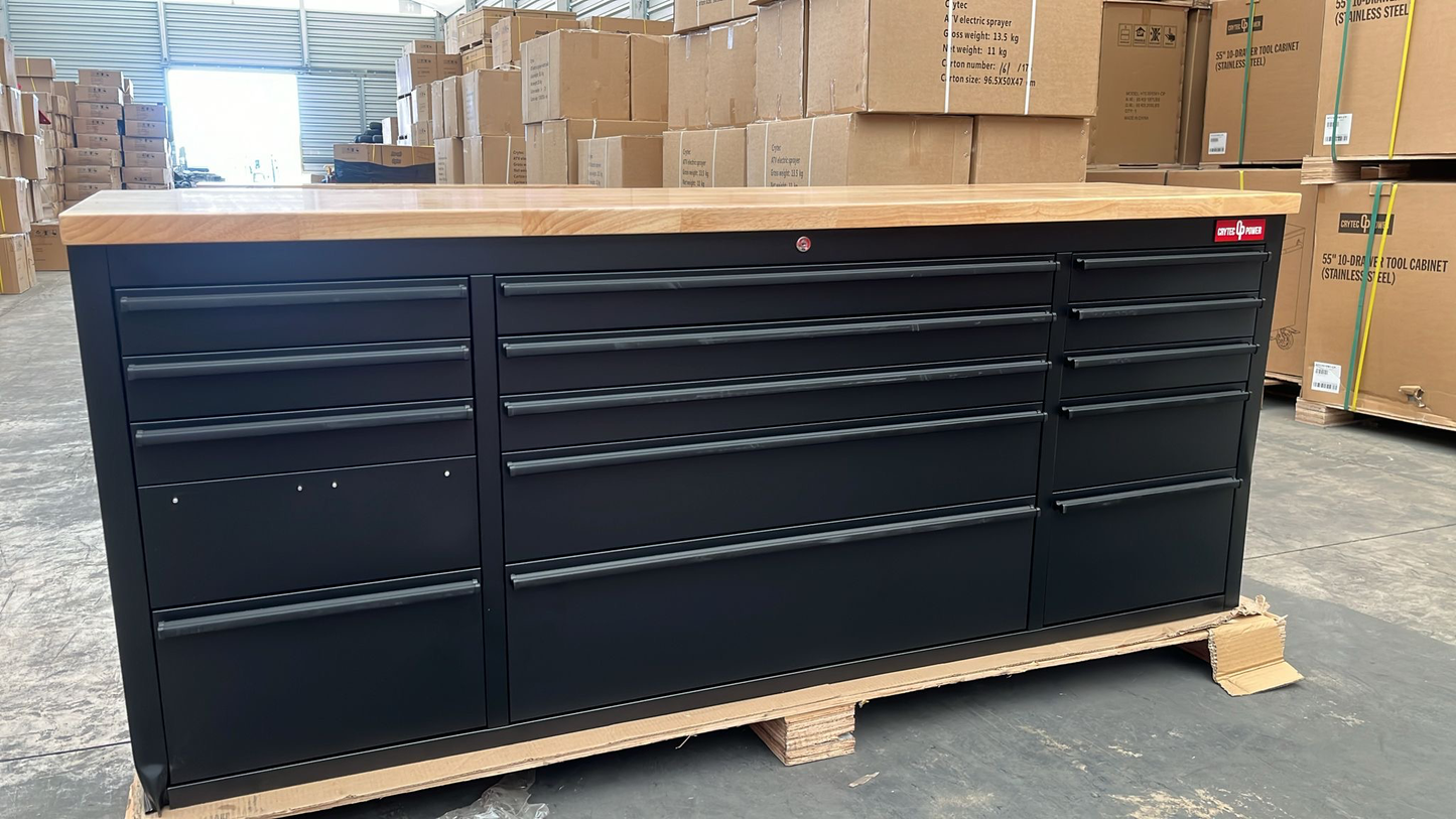 Courier Damaged Crytec | 72" Tool Cabinet | Black | Wooden Top | 10 Drawers | 3