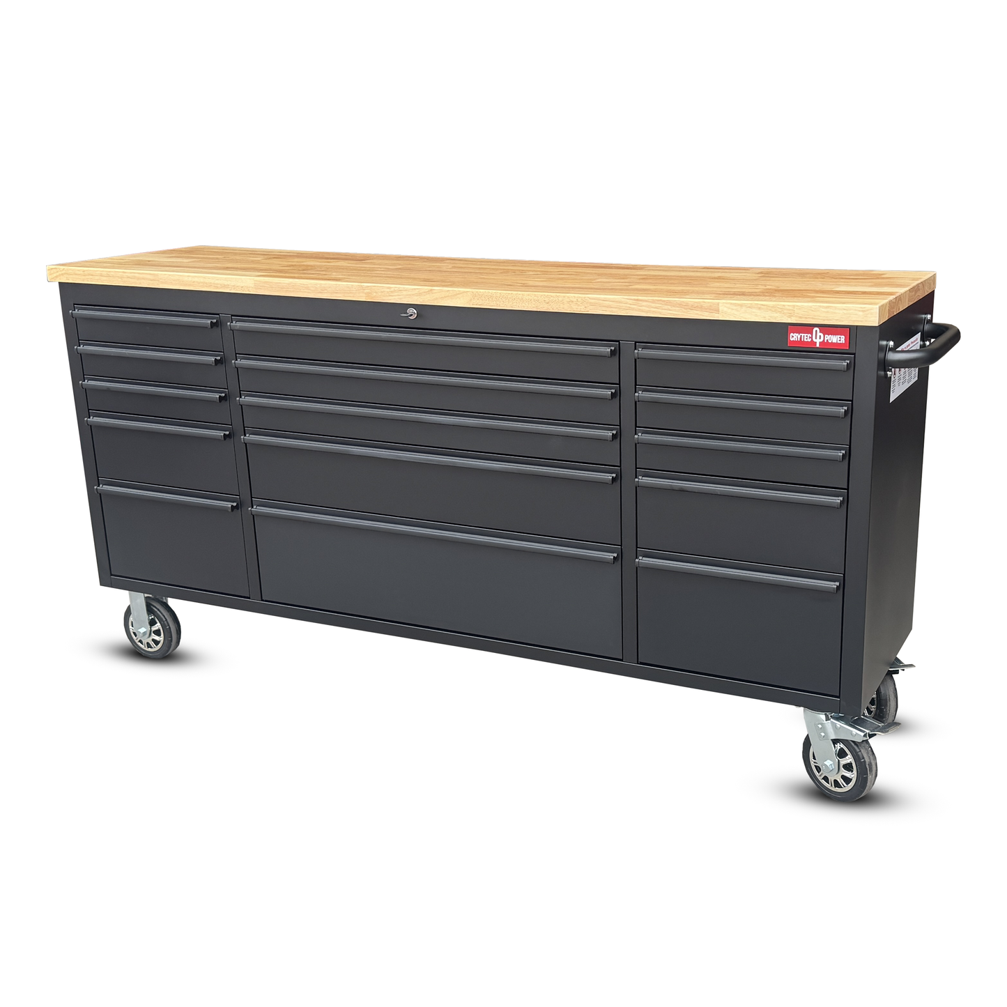 Crytec | 72" Tool Cabinet | Wooden Top | Black | Stainless Steel | 15 Drawers |