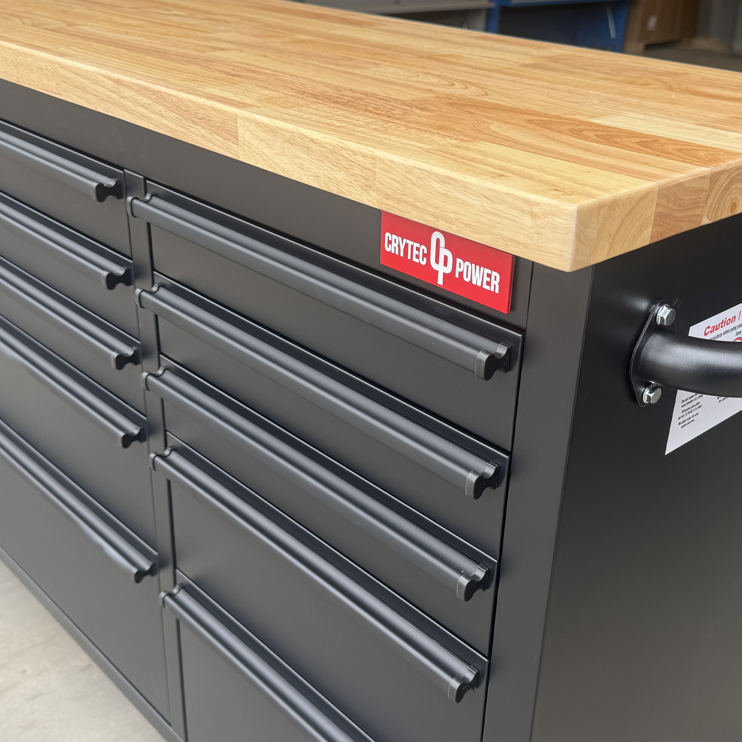 Crytec | 72" Tool Cabinet | Wooden Top | Black | Stainless Steel | 15 Drawers |
