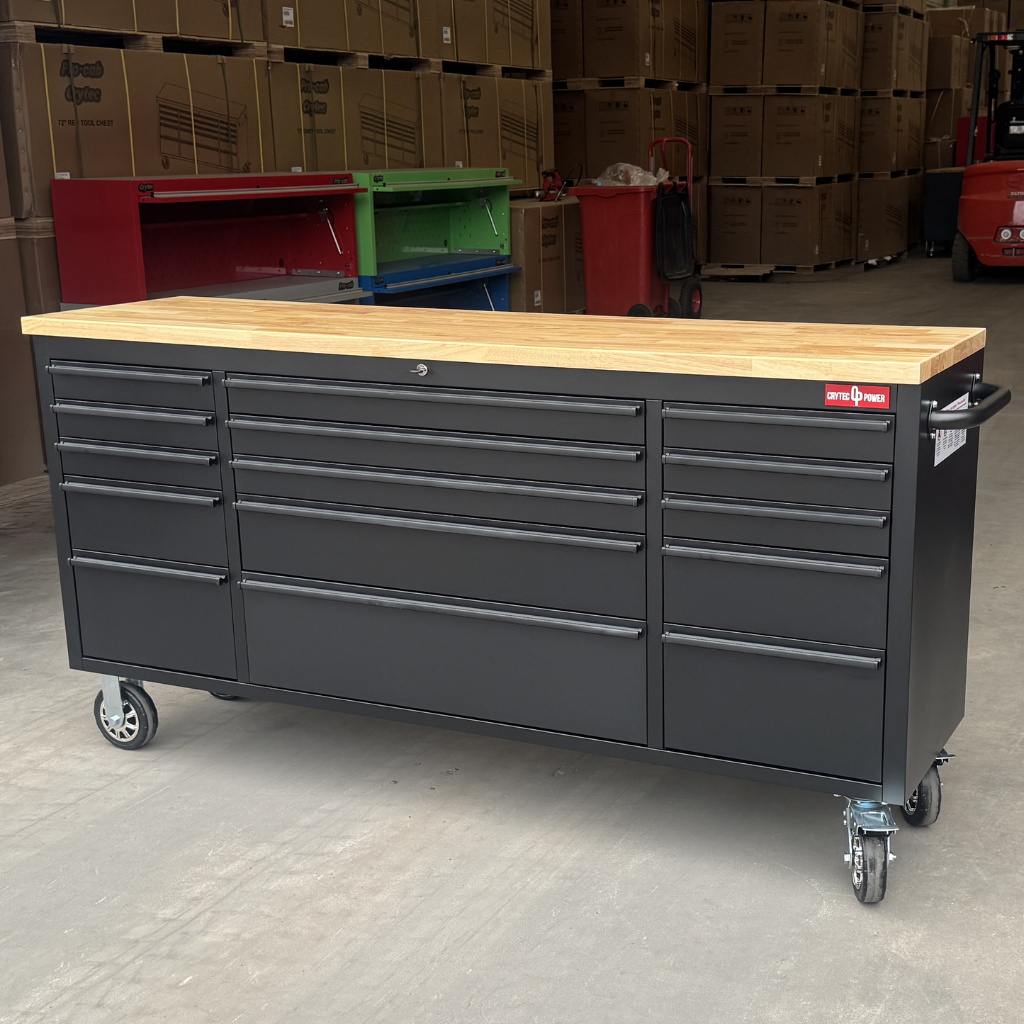 Crytec | 72" Tool Cabinet | Wooden Top | Black | Stainless Steel | 15 Drawers |