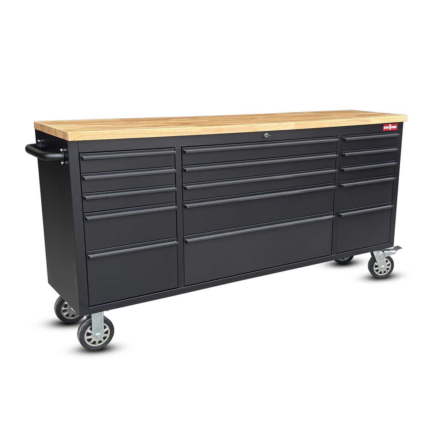 Crytec | 72" Tool Cabinet | Wooden Top | Black | Stainless Steel | 15 Drawers |