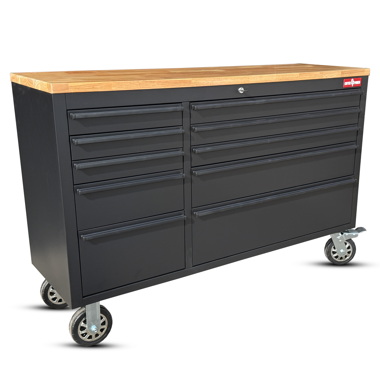 Crytec | 55" Tool Cabinet | Black | Wooden Top | 10 Drawers |