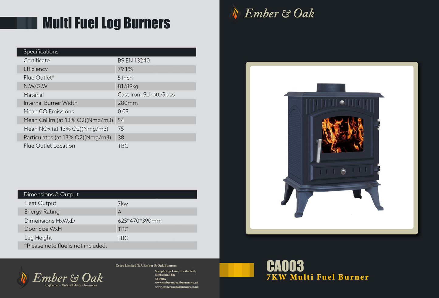 7KW | Multi-Fuel Wood Stove | Log Burner | Cast Iron | Model CA003
