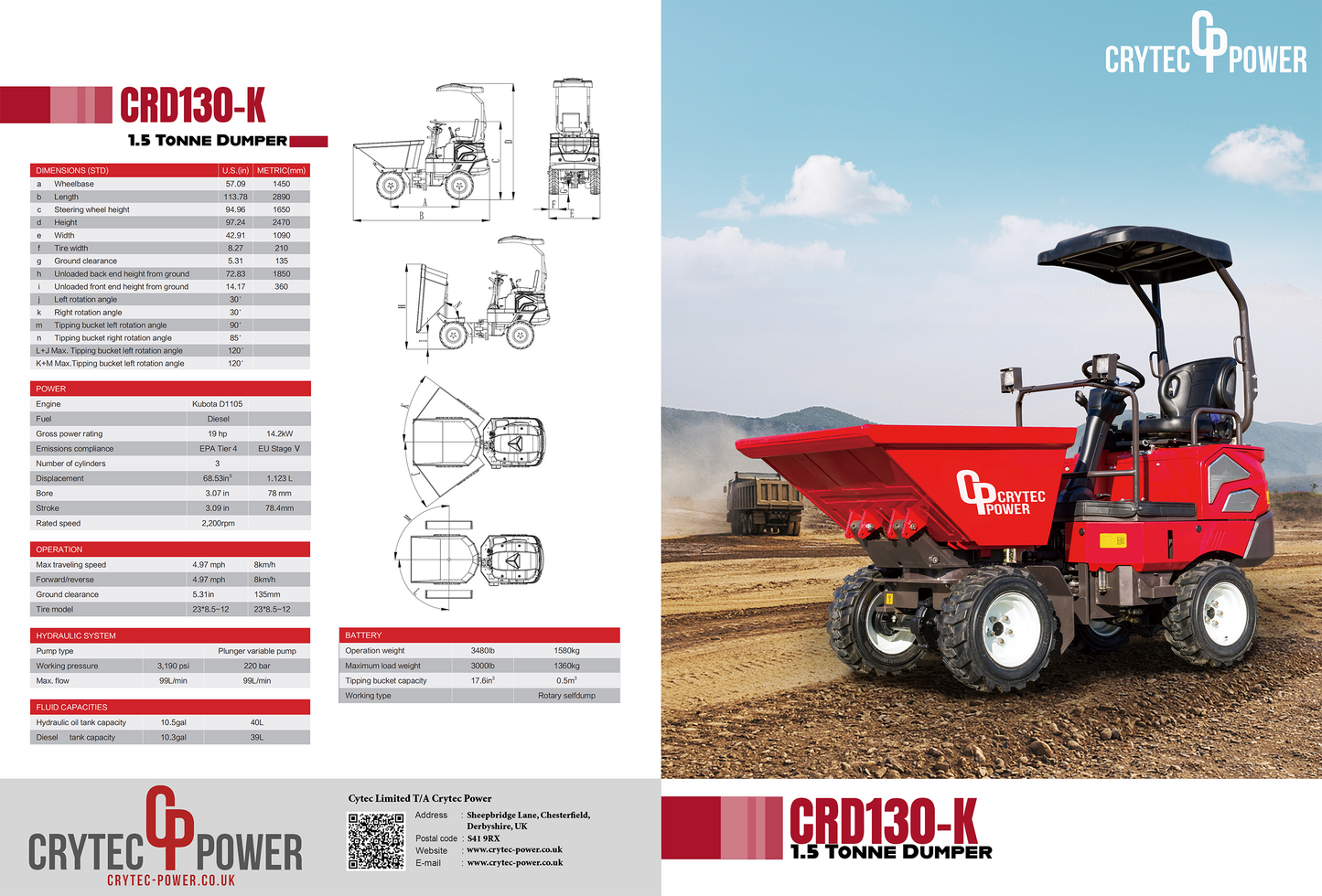 Crytec CRD130-K 1.5 Tonne Diesel Loader Kubota Engine