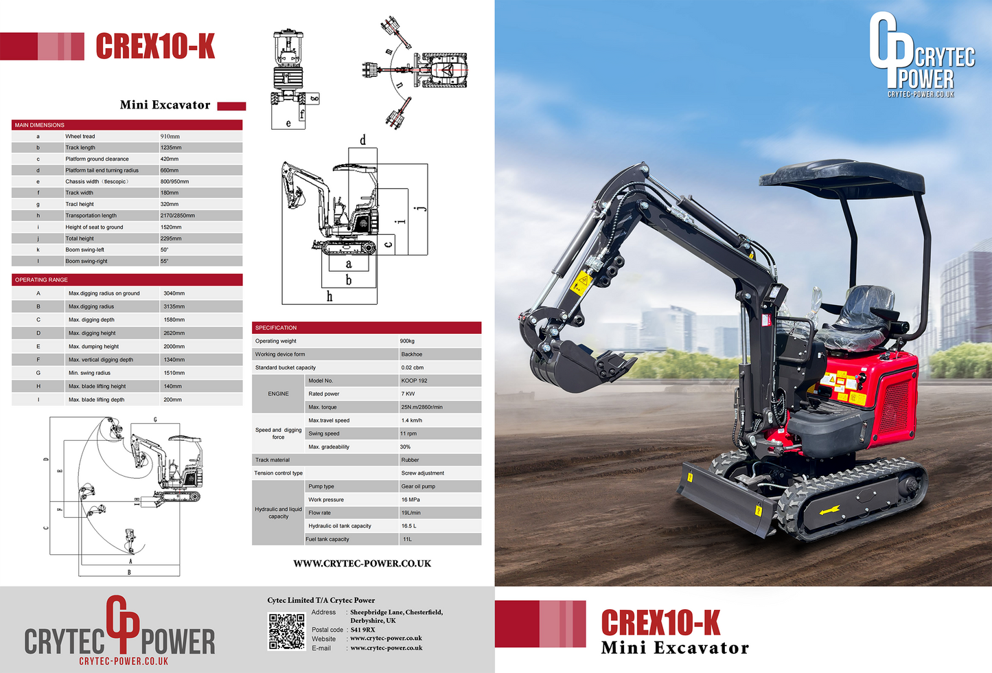 Crytec 1 Tonne Mini Excavator | Koop Diesel Engine | 10HP 7.6KW Power | 1550mm Depth l Digger