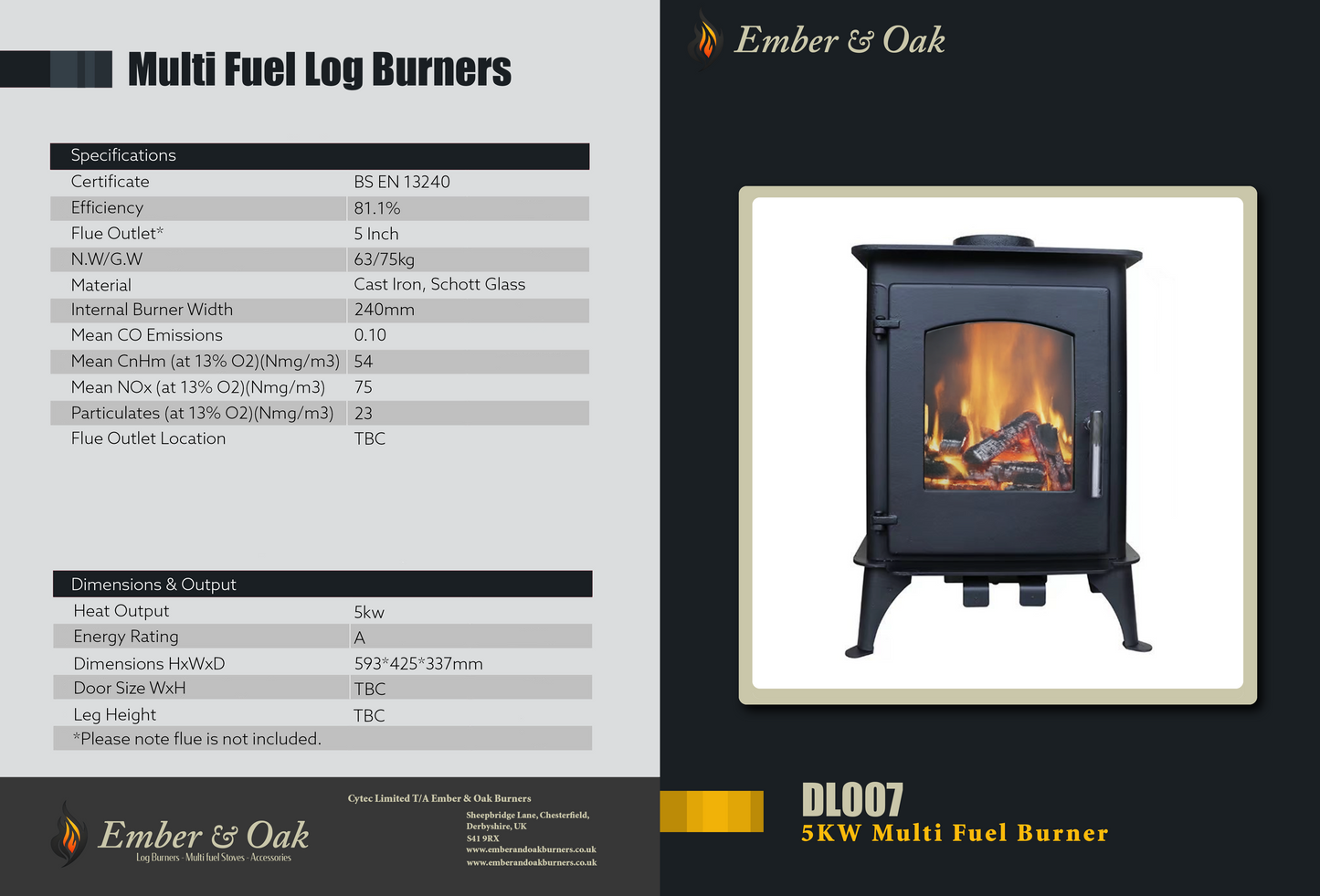 5KW | Multi-Fuel Wood Stove | Log Burner | Cast Iron | Model DL007