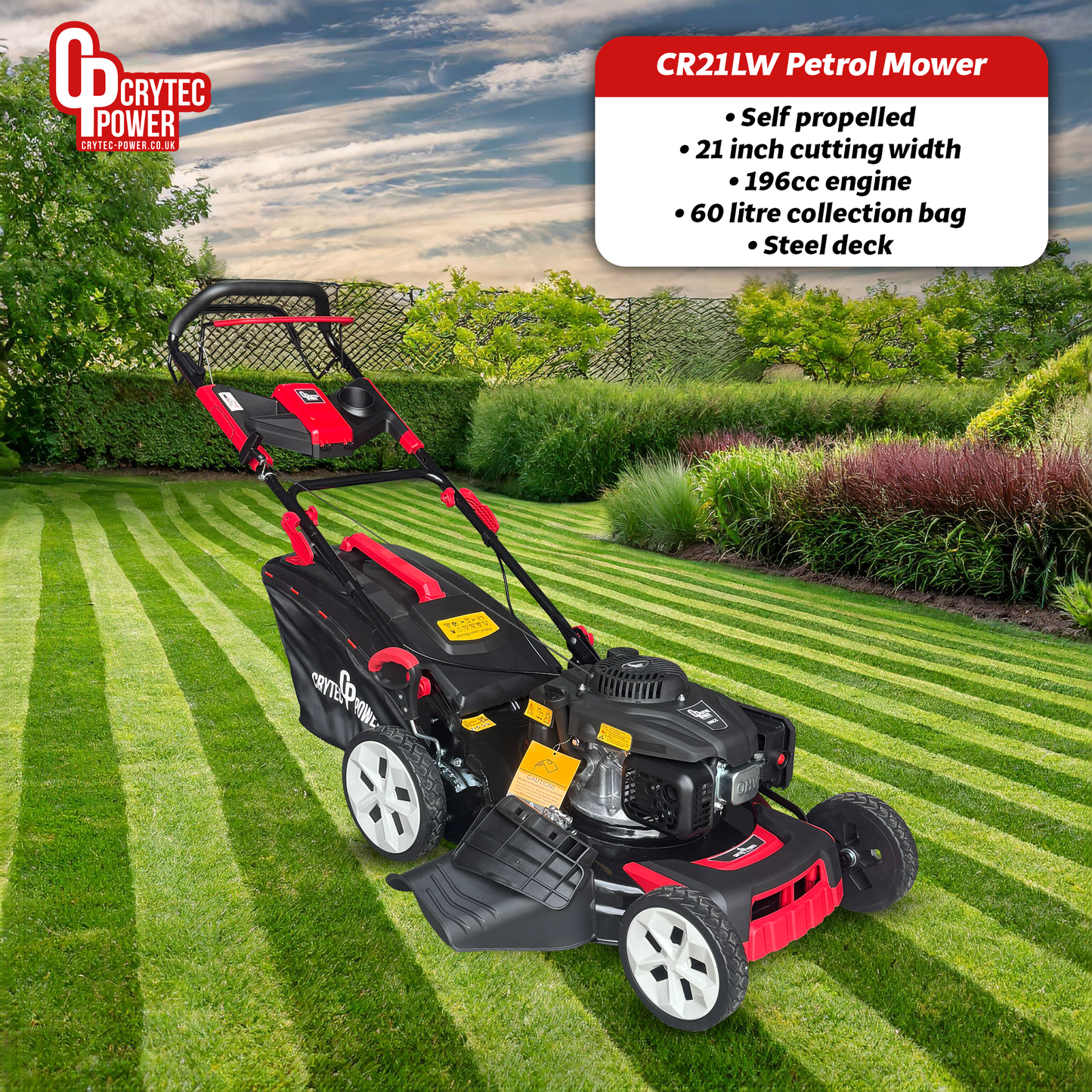 Crytec Petrol Lawn Mower | Self Propelled | 21 inch Cutting Width | 196cc | 60L Collection Bag | CR21LW