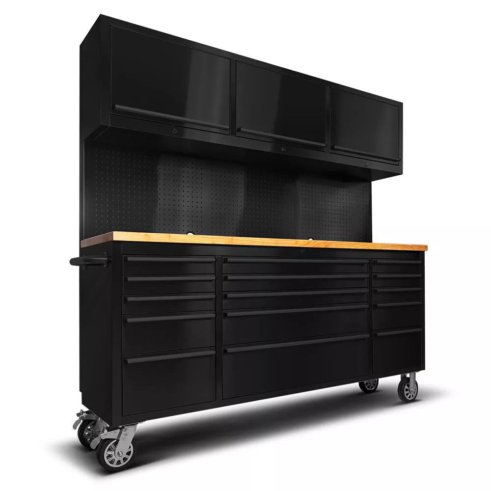 Crytec | 72" Tool Cabinet Workstation | Black | 15 Drawers | 3 x Cupboards & Pegboards