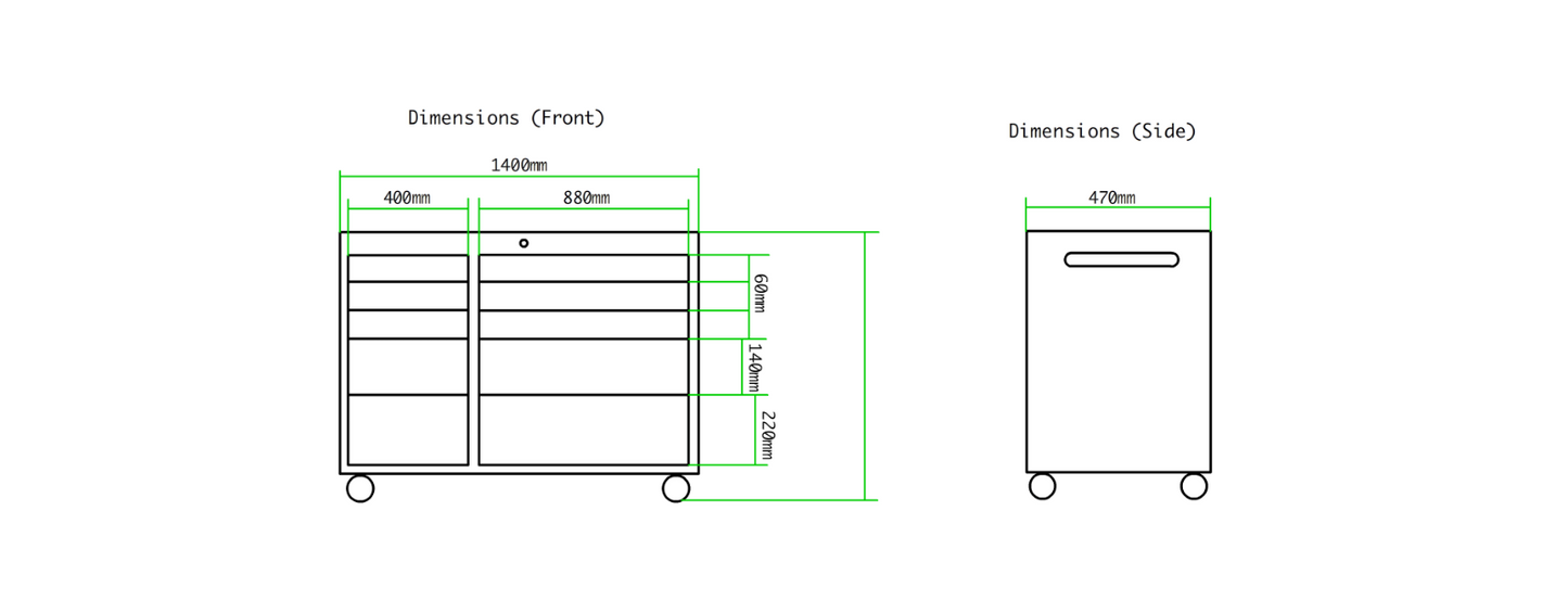 Crytec | 55" Tool Cabinet | Black | Wooden Top | 10 Drawers |
