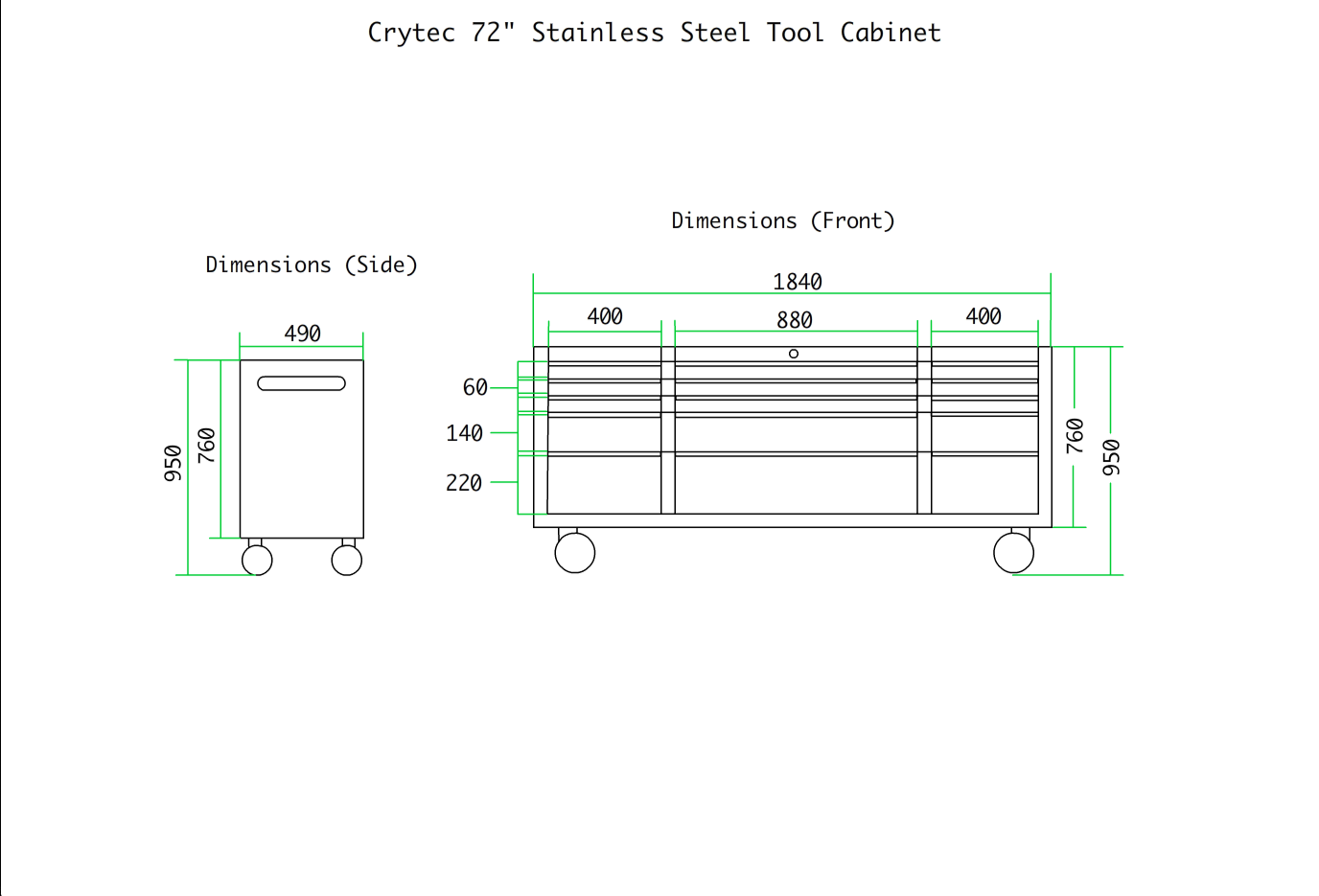 Crytec | 72" Tool Cabinet | Wooden Top | Black | Stainless Steel | 15 Drawers |