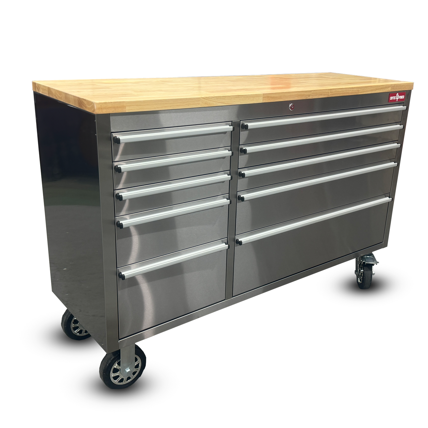 Crytec | 55" Tool Cabinet | Stainless Steel | 10 Drawers | Wooden Top