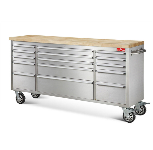 Crytec | 72" Tool Cabinet | Stainless Steel | 15 Drawers | Wooden Top