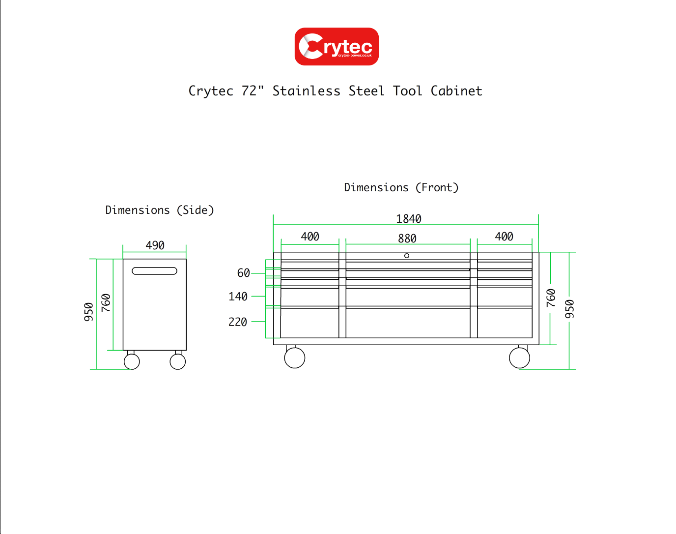 Crytec | 72" Tool Cabinet | Stainless Steel | 15 Drawers | Wooden Top