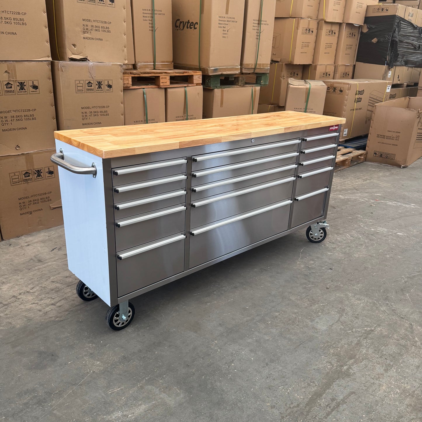 Courier Damaged Crytec | 72" Tool Cabinet | Stainless Steel | Wooden Top | 10 Drawers