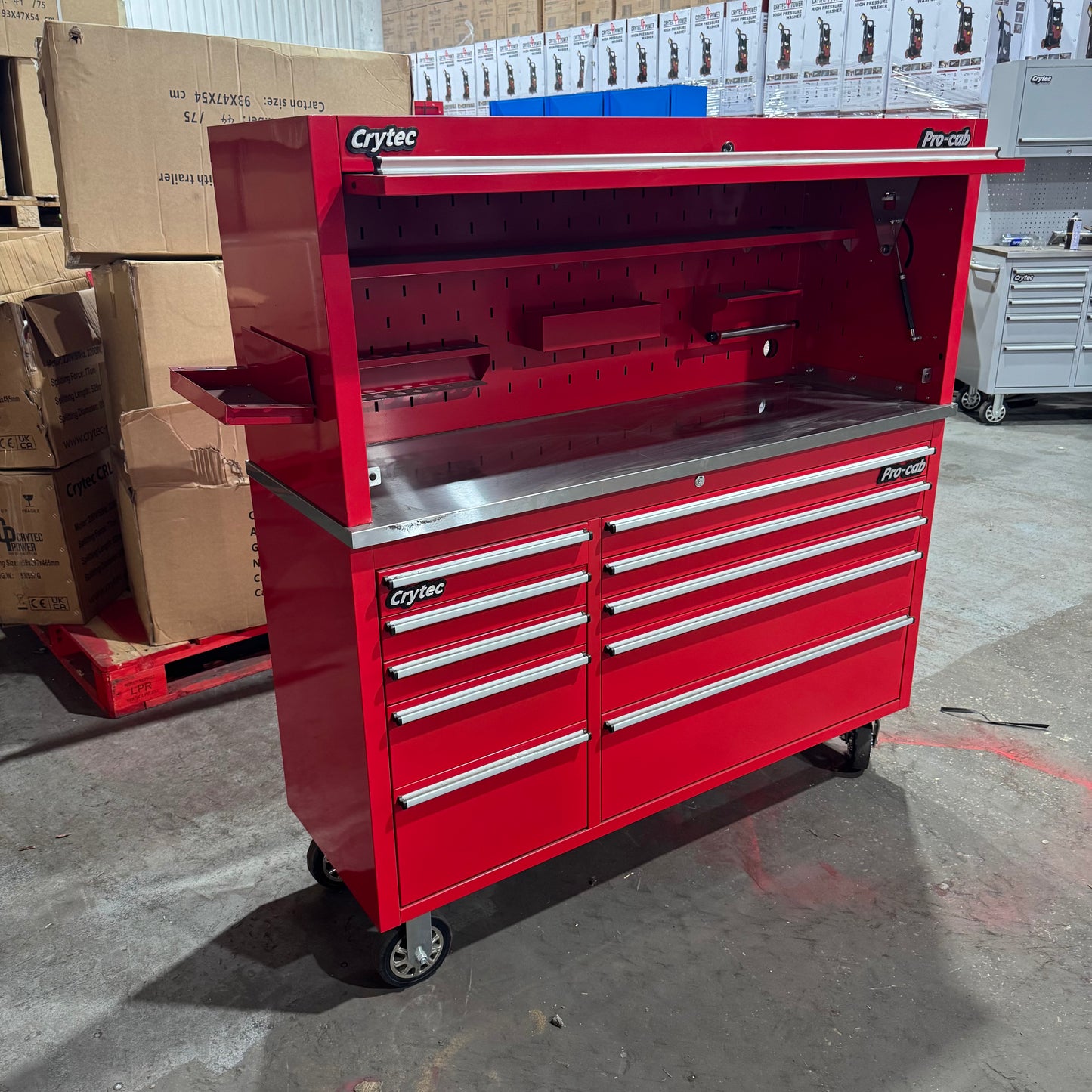 (Ex display) Crytec Pro Cab Red 55 inch Stainless Steel Top With Hutch Tool Cabinet Snap On Style Box
