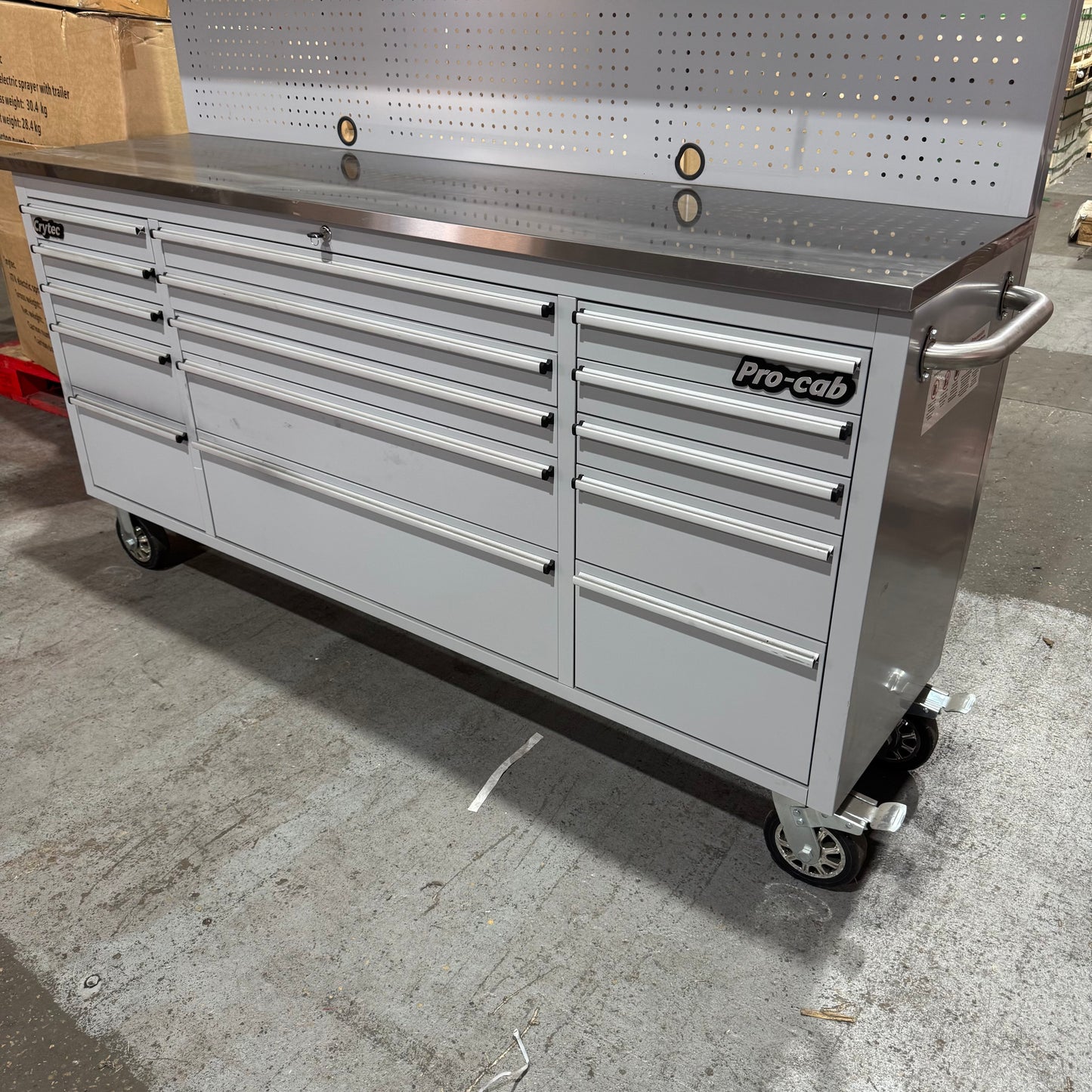 Ex Display 72" Pro Tool Cabinet | Grey | Stainless Top | 15 Drawers | WITH PEGBOARD