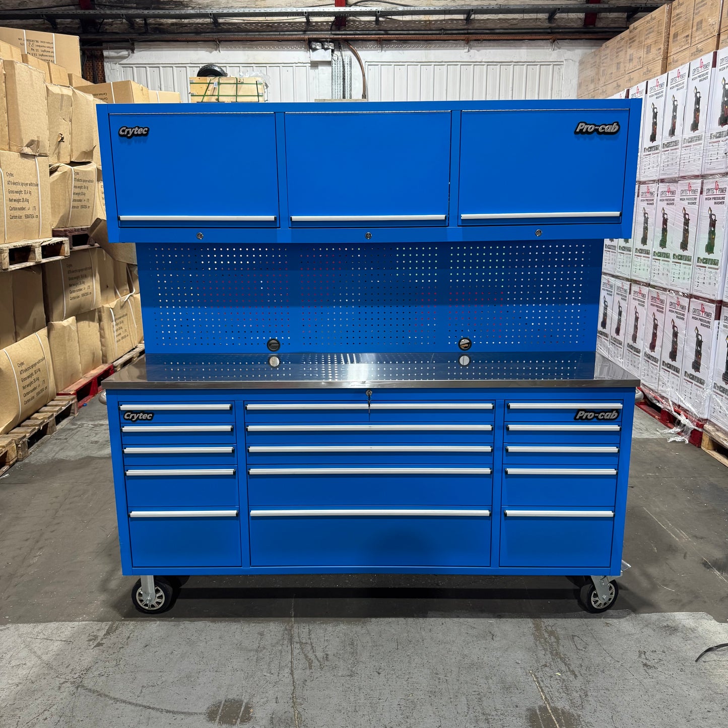 Ex Display 72" Pro Tool Cabinet | Blue | Stainless Top | 15 Drawers | WITH PEGBOARD