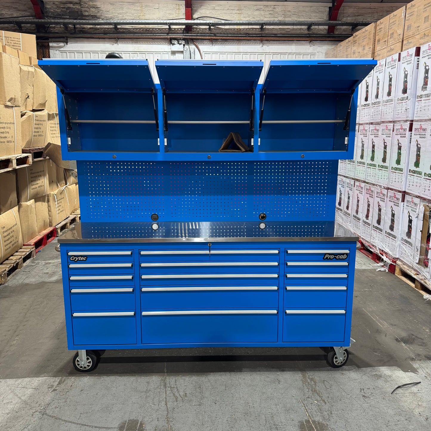 Ex Display 72" Pro Tool Cabinet | Blue | Stainless Top | 15 Drawers | WITH PEGBOARD