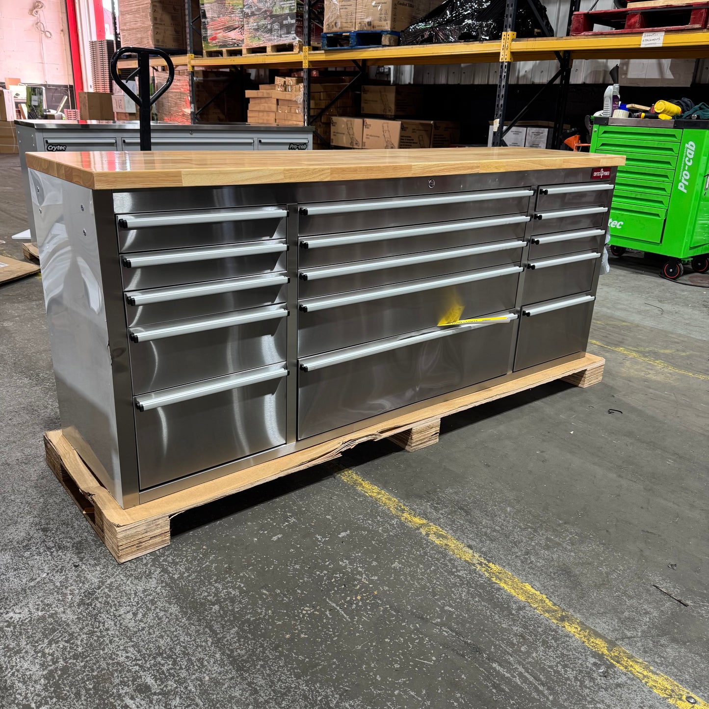Courier Damaged Crytec | 72" Tool Cabinet | Stainless Steel | Wooden Top | 10 Drawers | 1