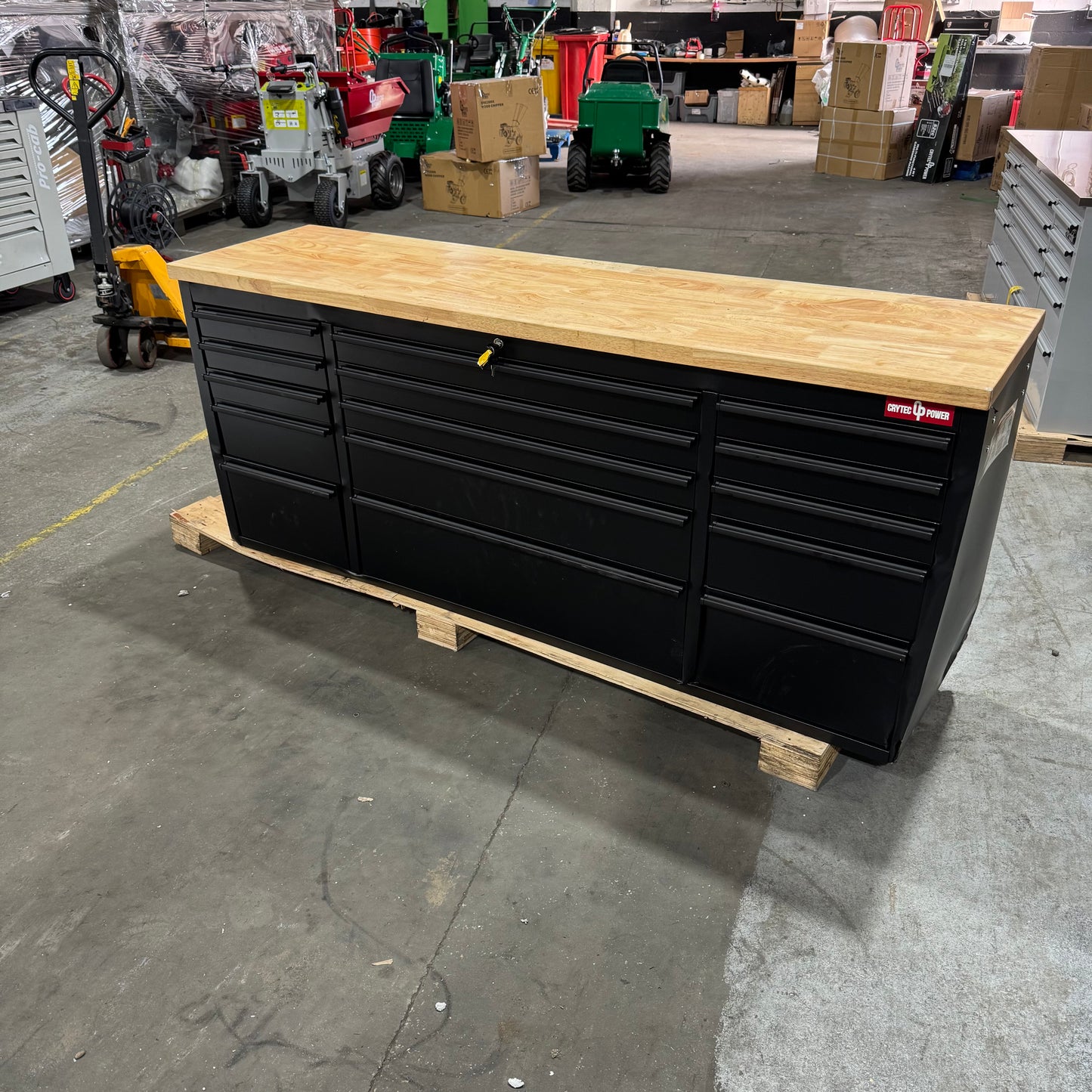 Courier Damaged Crytec | 72" Tool Cabinet | Wooden Top | Black | Stainless Steel | 15 Drawers | 3