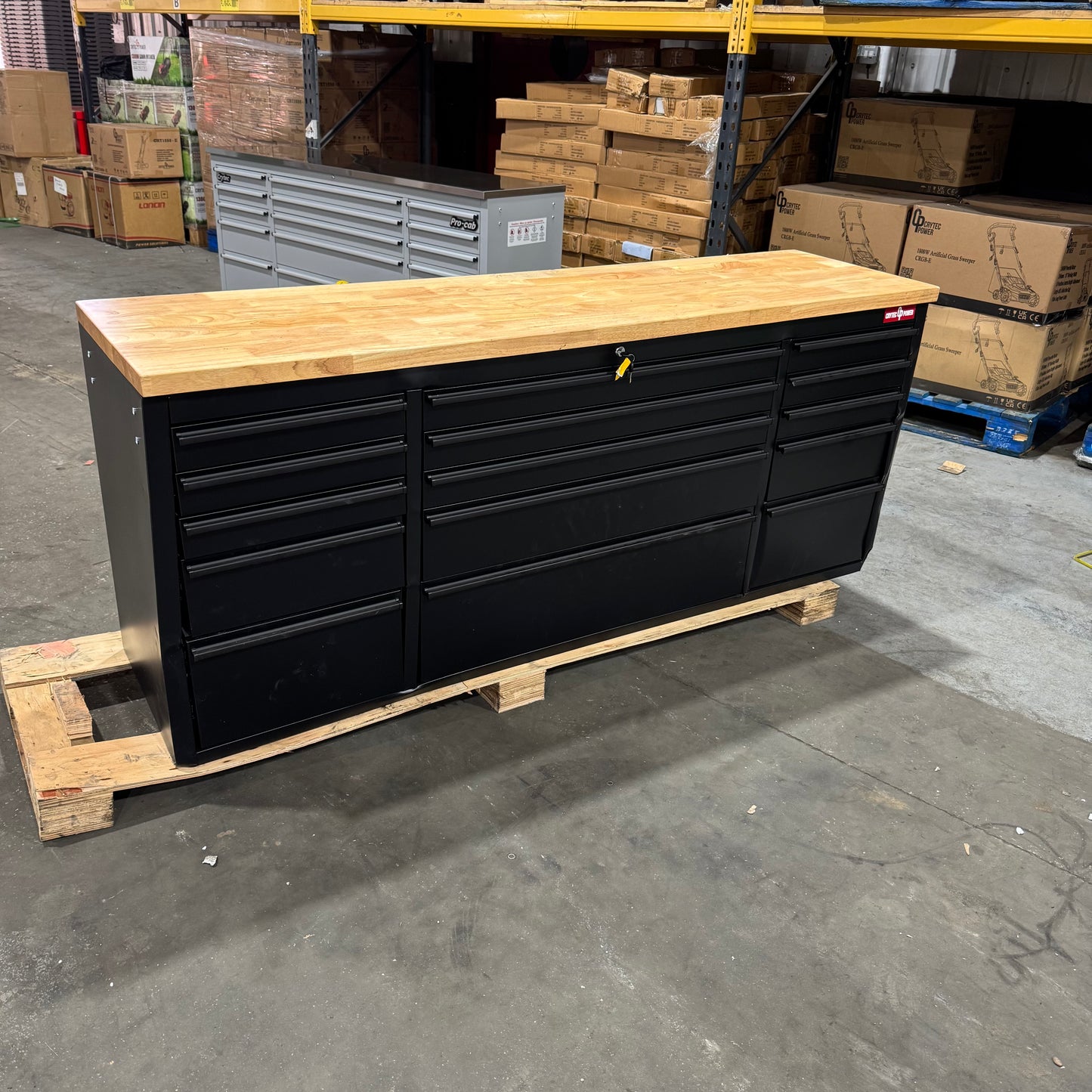 Courier Damaged Crytec | 72" Tool Cabinet | Wooden Top | Black | Stainless Steel | 15 Drawers | 3