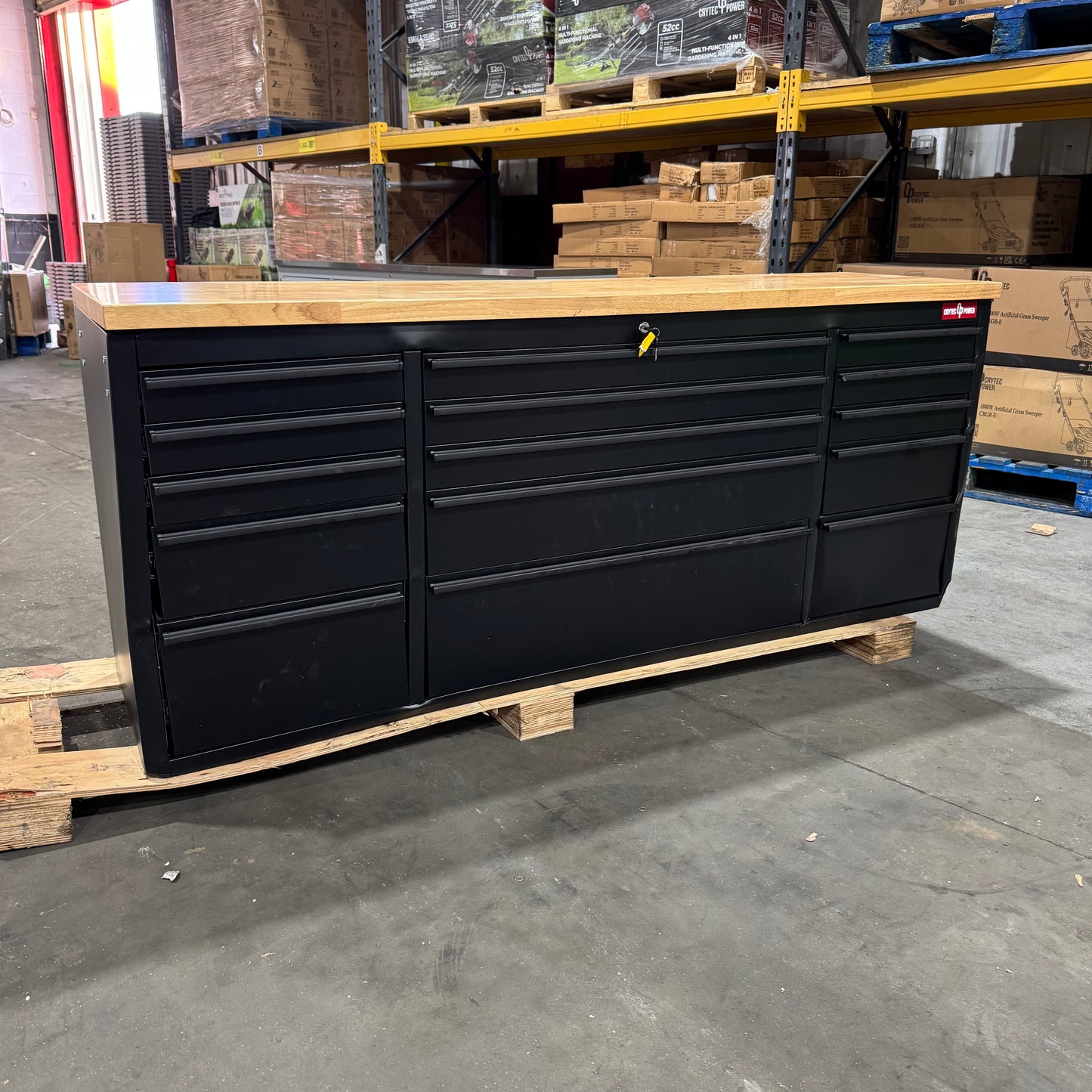 Courier Damaged Crytec | 72" Tool Cabinet | Wooden Top | Black | Stainless Steel | 15 Drawers | 3