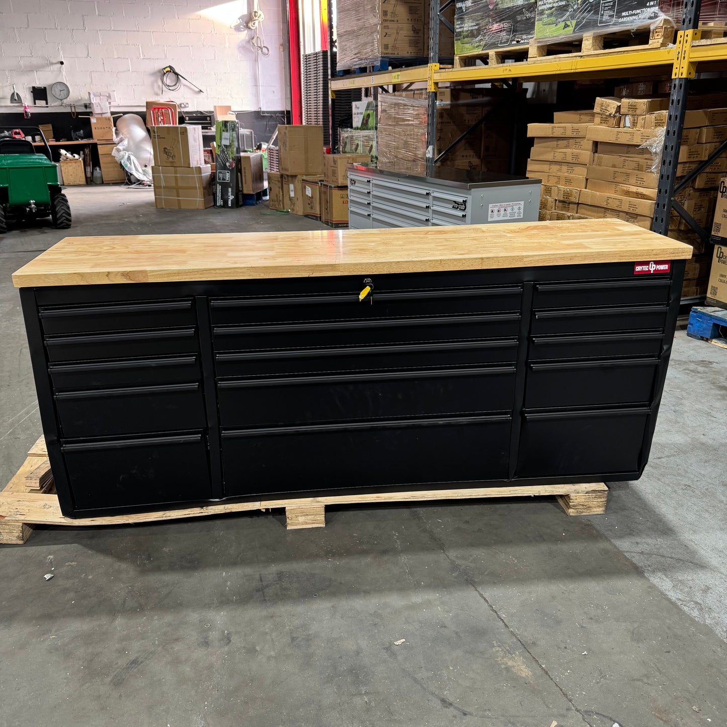 Courier Damaged Crytec | 72" Tool Cabinet | Wooden Top | Black | Stainless Steel | 15 Drawers | 3