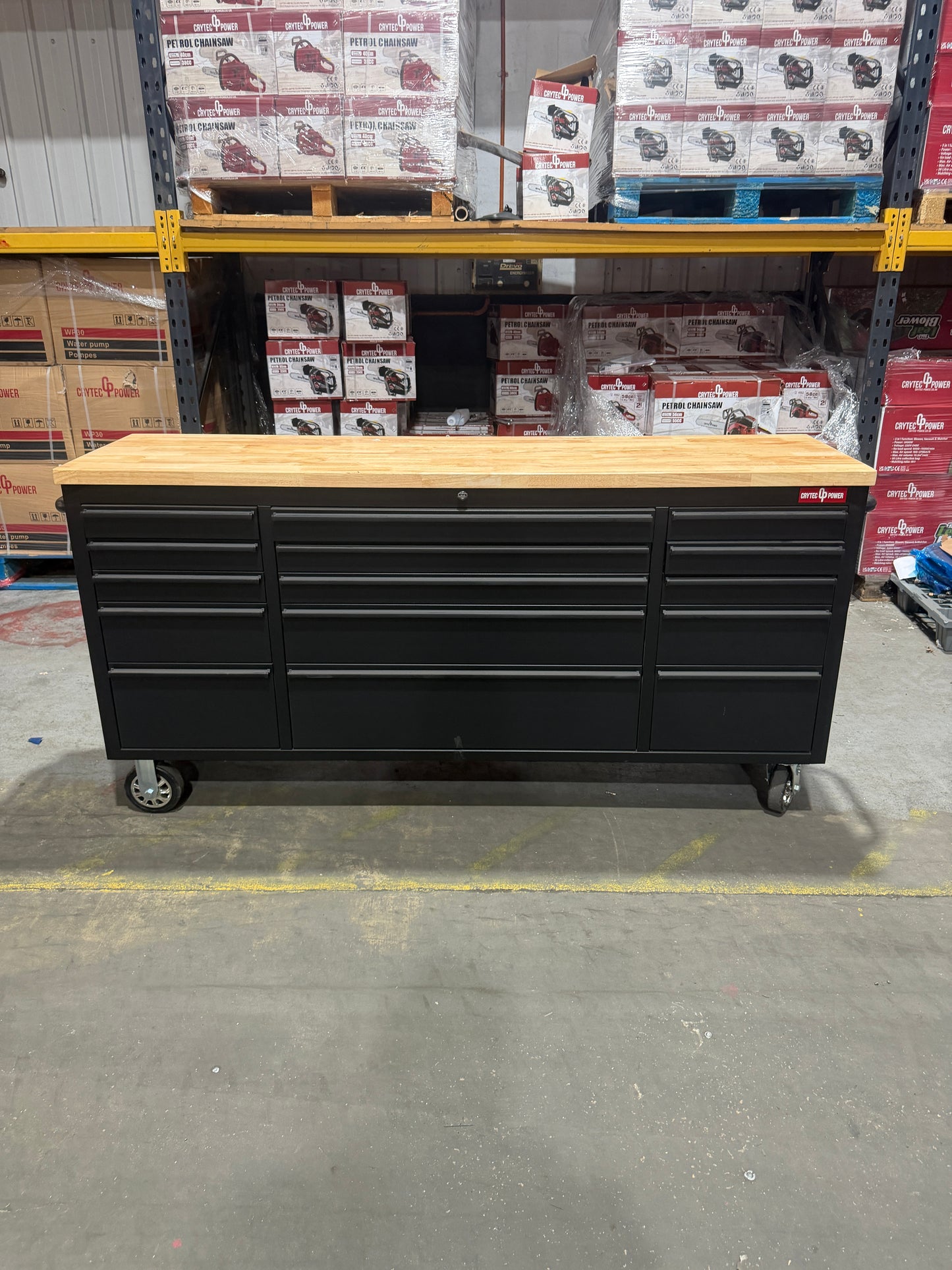 (Ex showroom) Crytec | 72" Tool Cabinet | Wooden Top | Black | Stainless Steel | 15 Drawers |