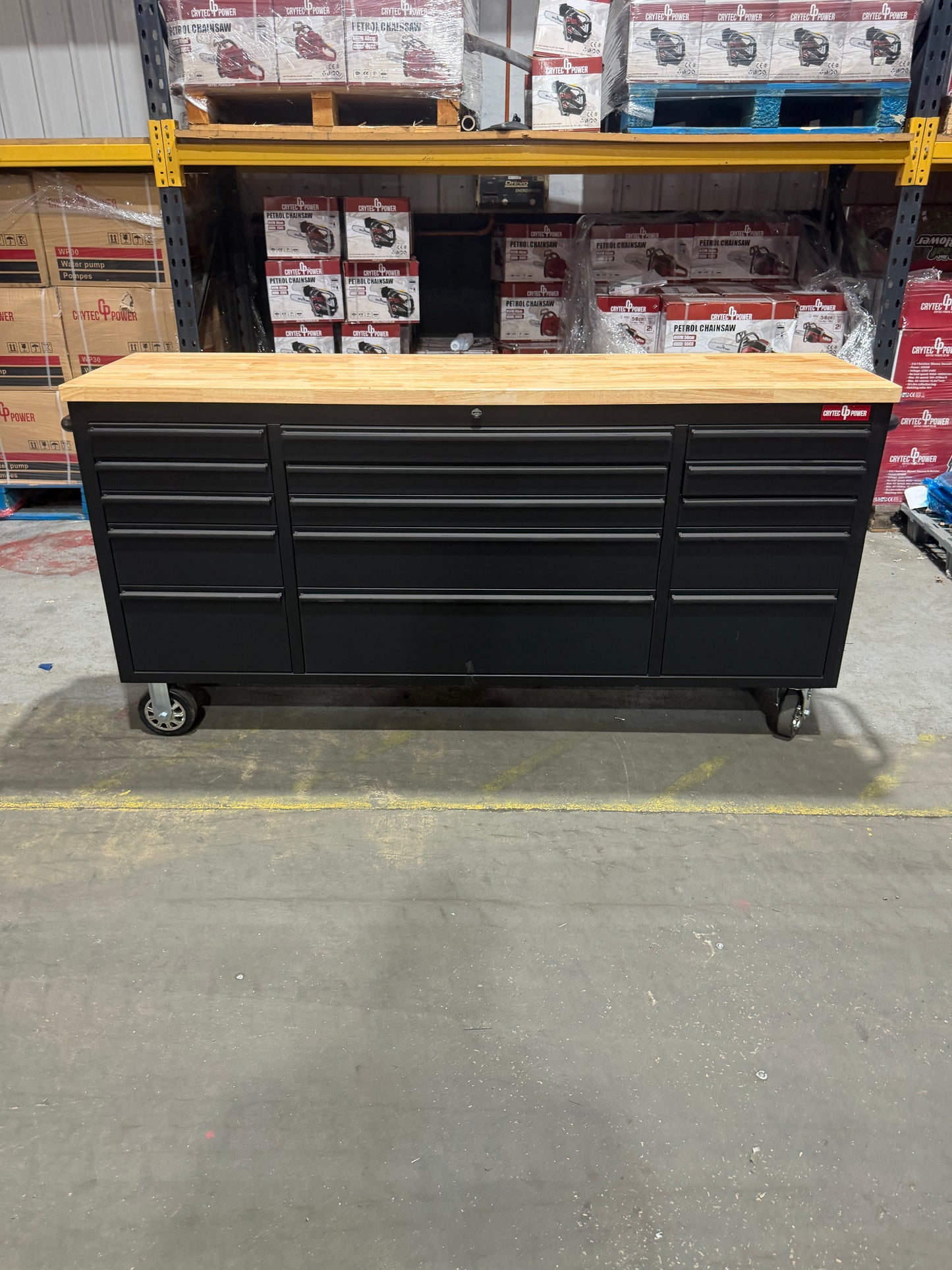 (Ex showroom) Crytec | 72" Tool Cabinet | Wooden Top | Black | Stainless Steel | 15 Drawers |