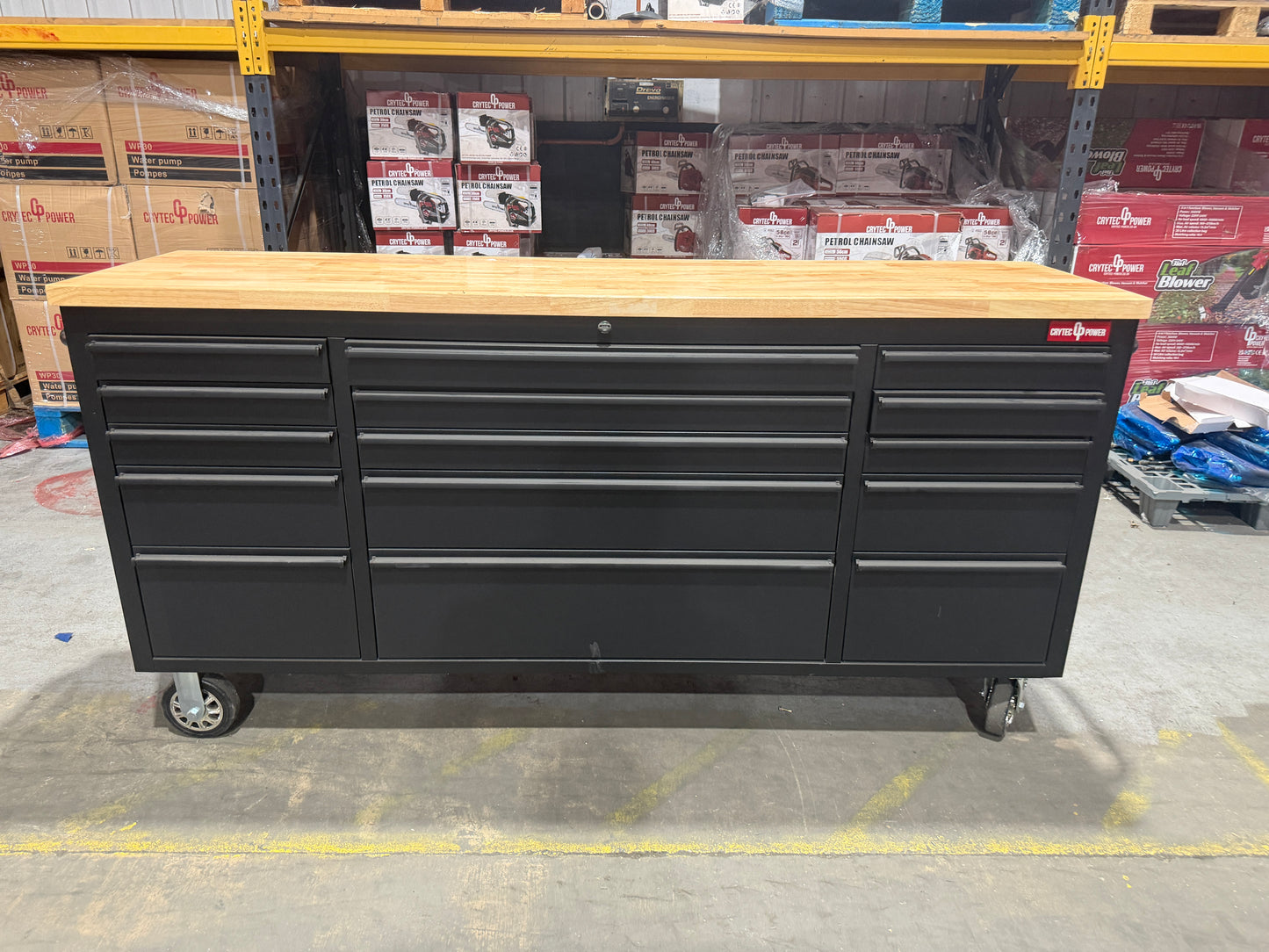 (Ex showroom) Crytec | 72" Tool Cabinet | Wooden Top | Black | Stainless Steel | 15 Drawers |