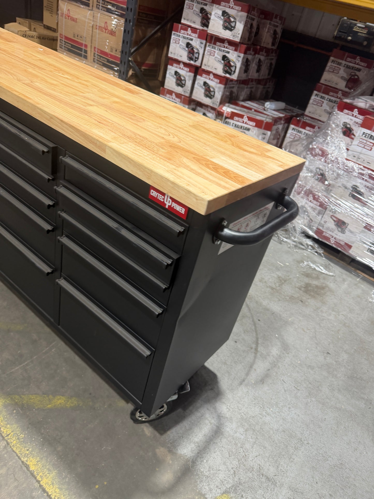 (Ex showroom) Crytec | 72" Tool Cabinet | Wooden Top | Black | Stainless Steel | 15 Drawers |