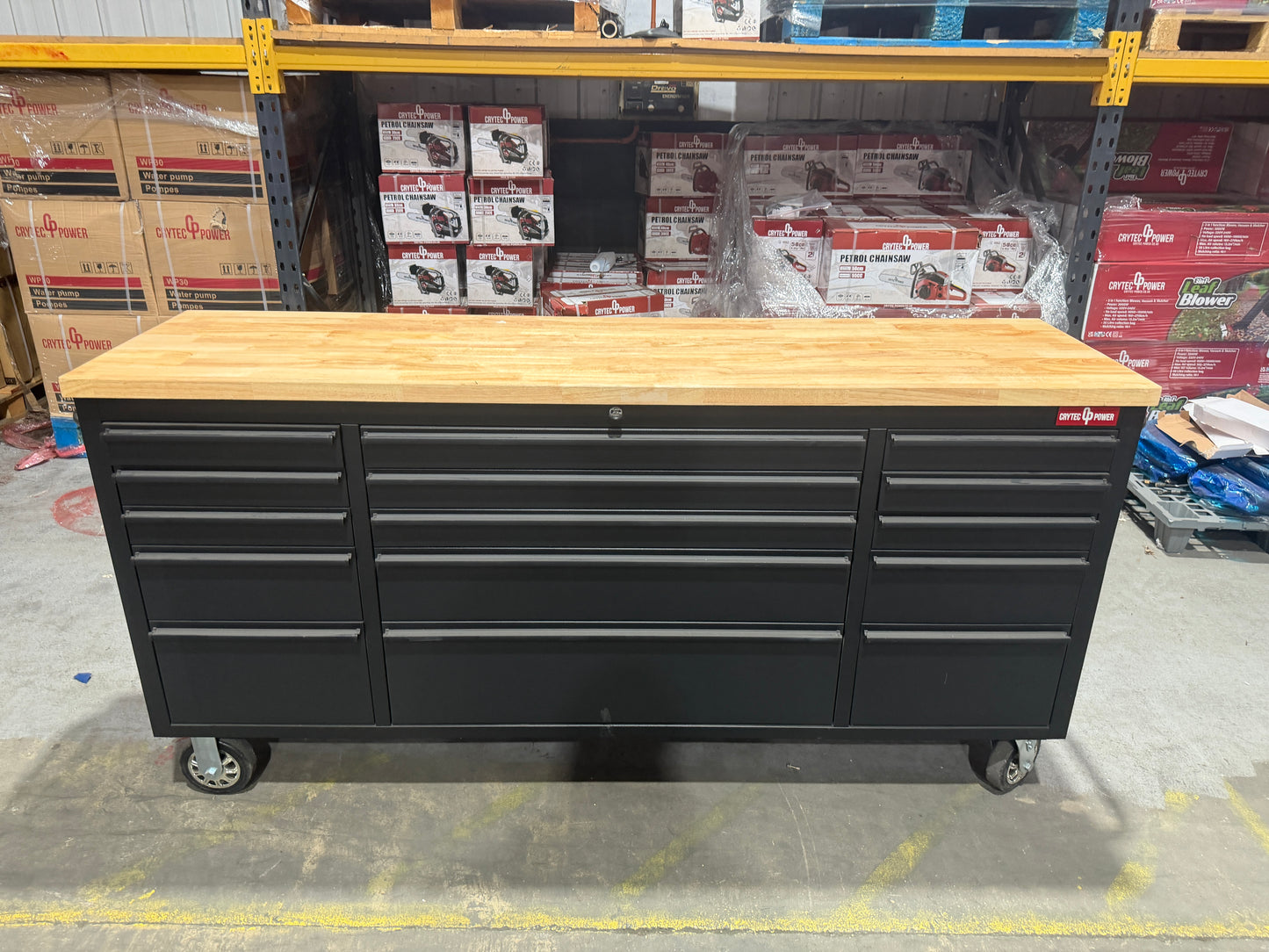 (Ex showroom) Crytec | 72" Tool Cabinet | Wooden Top | Black | Stainless Steel | 15 Drawers |