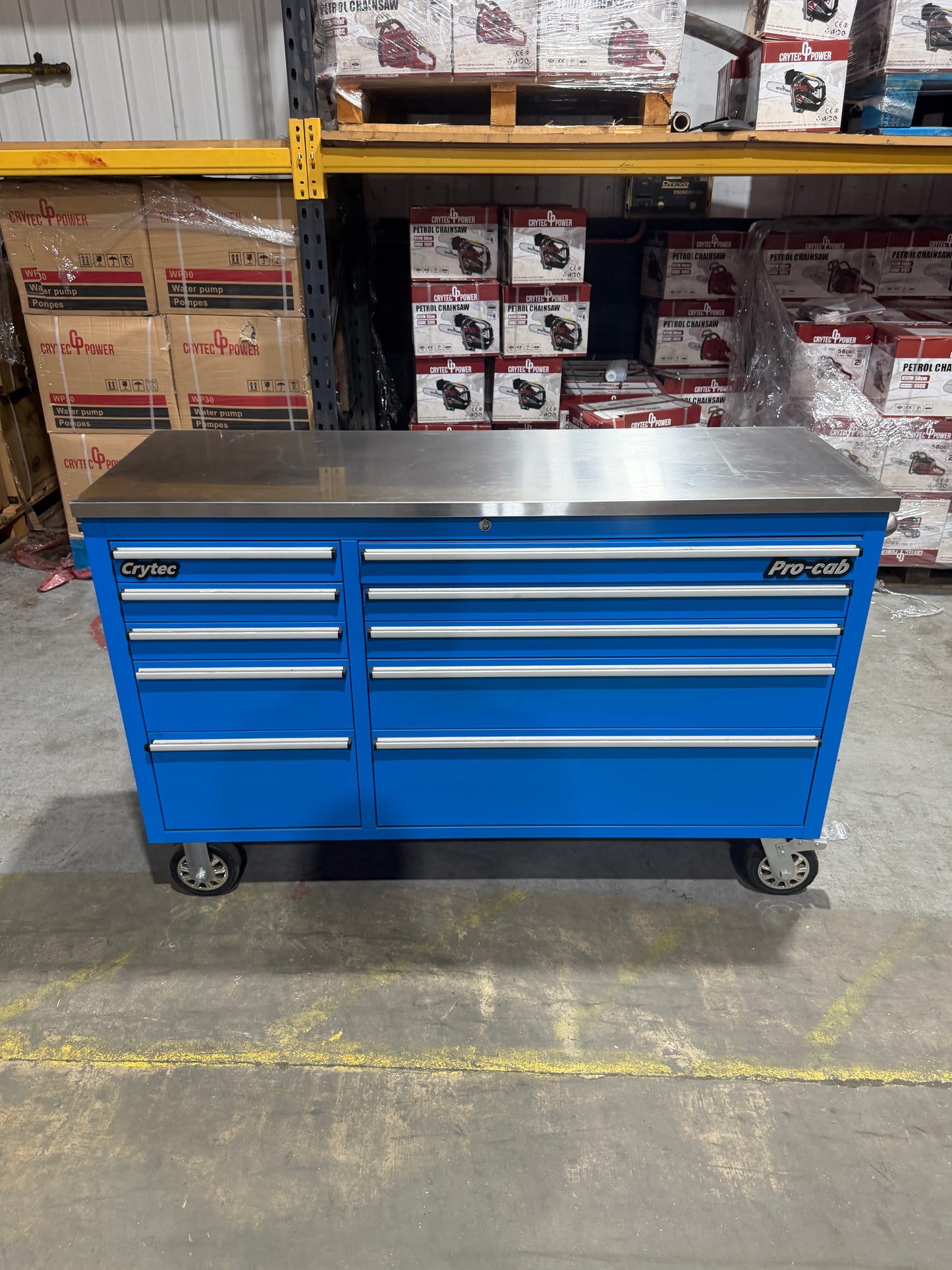 (Ex showroom) Crytec Pro Cab Blue 55 inch Stainless Steel Top Tool Cabinet Snap On Style Box