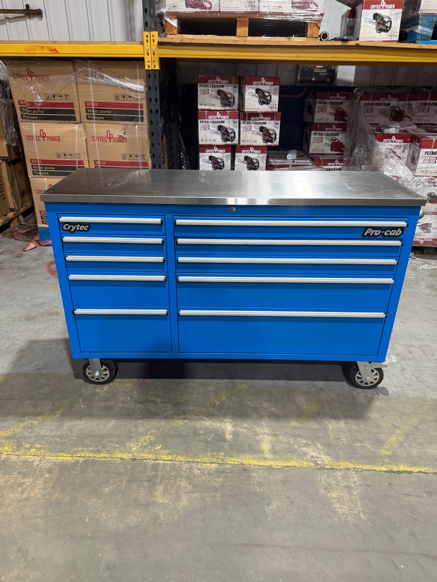 (Ex showroom) Crytec Pro Cab Blue 55 inch Stainless Steel Top Tool Cabinet Snap On Style Box