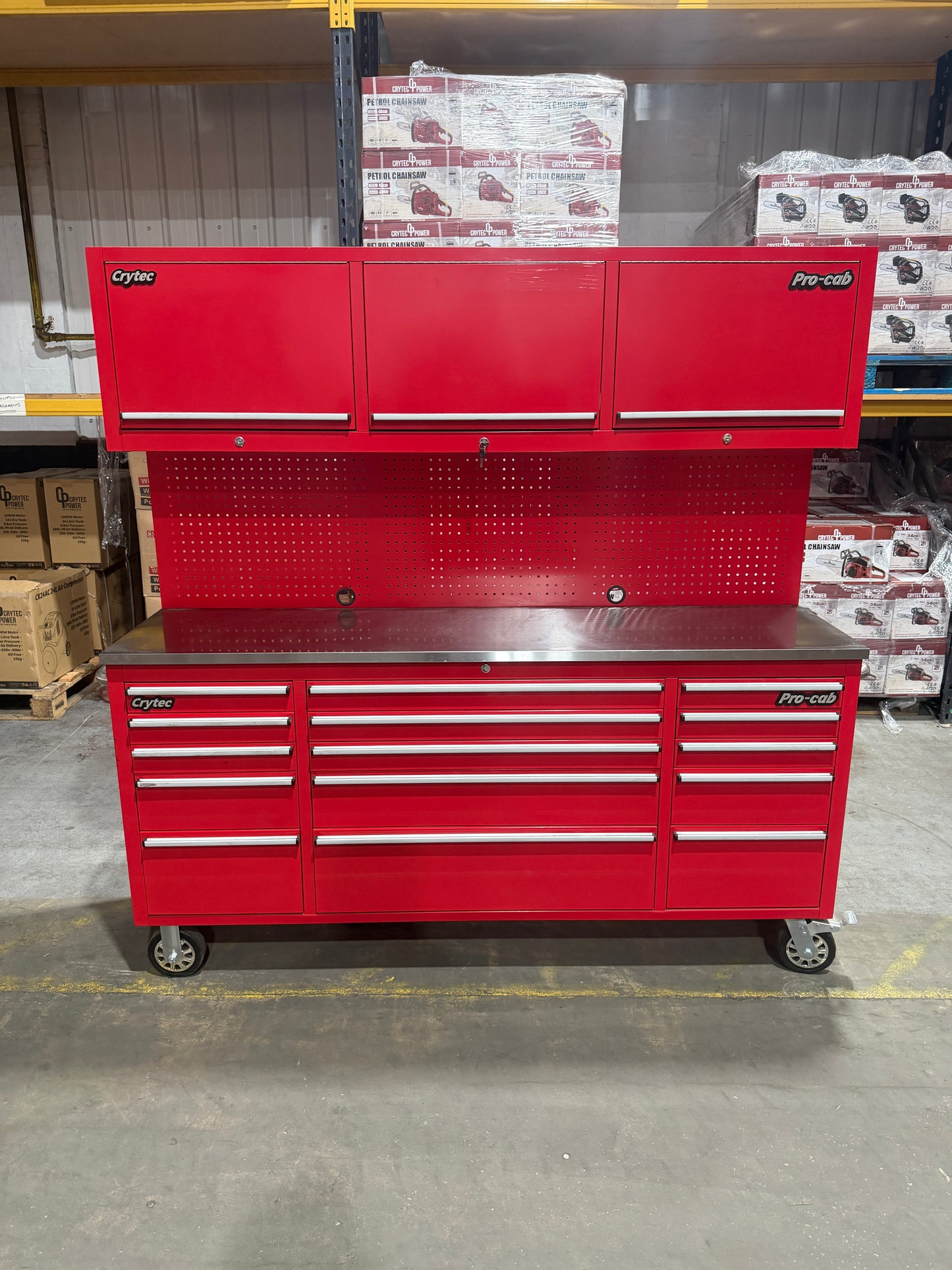 (Ex showroom) Crytec Pro Cab Red 72 inch + Top Cabinets Stainless Steel Top Tool Cabinet Snap On Style Box