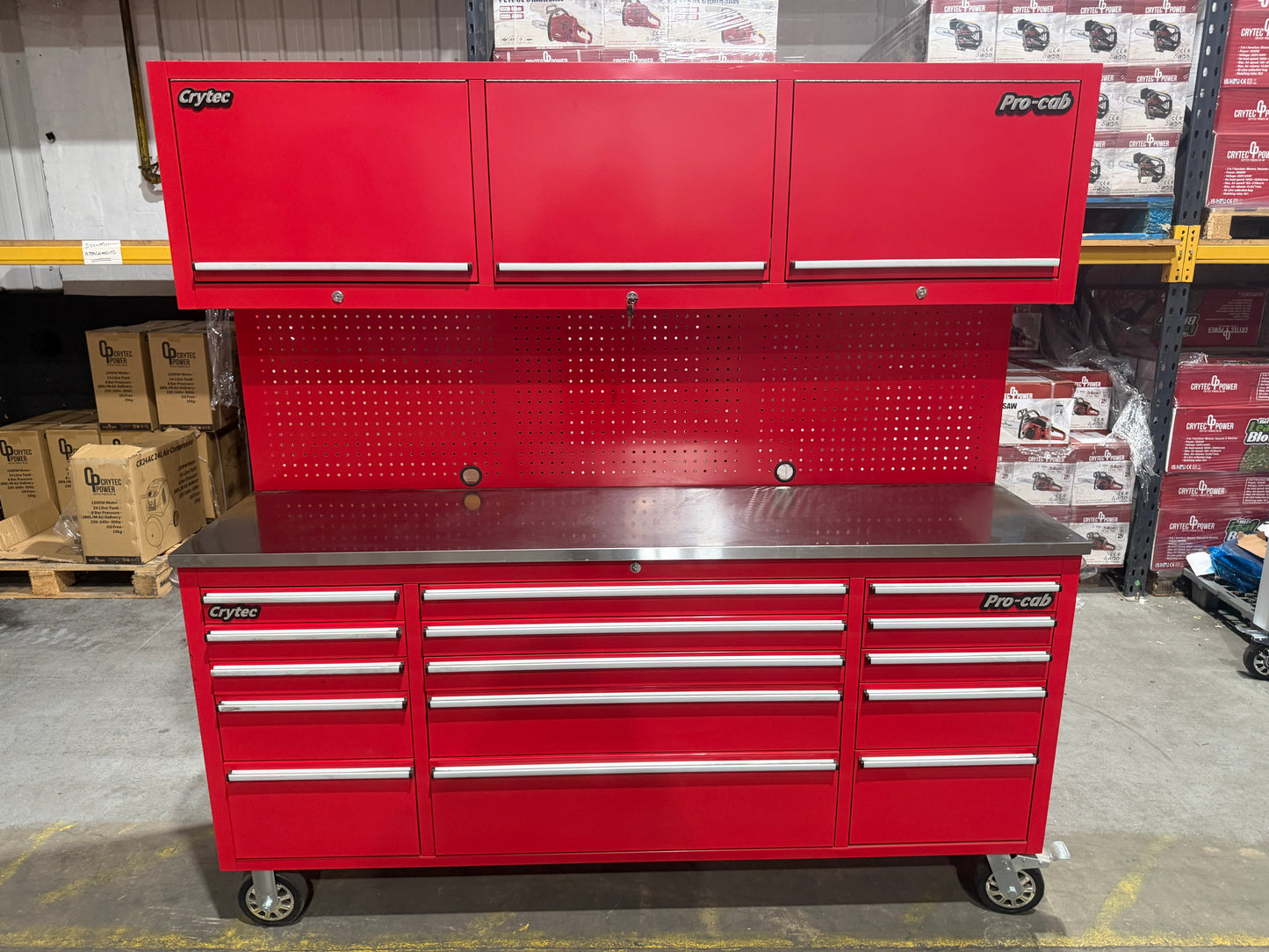(Ex showroom) Crytec Pro Cab Red 72 inch + Top Cabinets Stainless Steel Top Tool Cabinet Snap On Style Box
