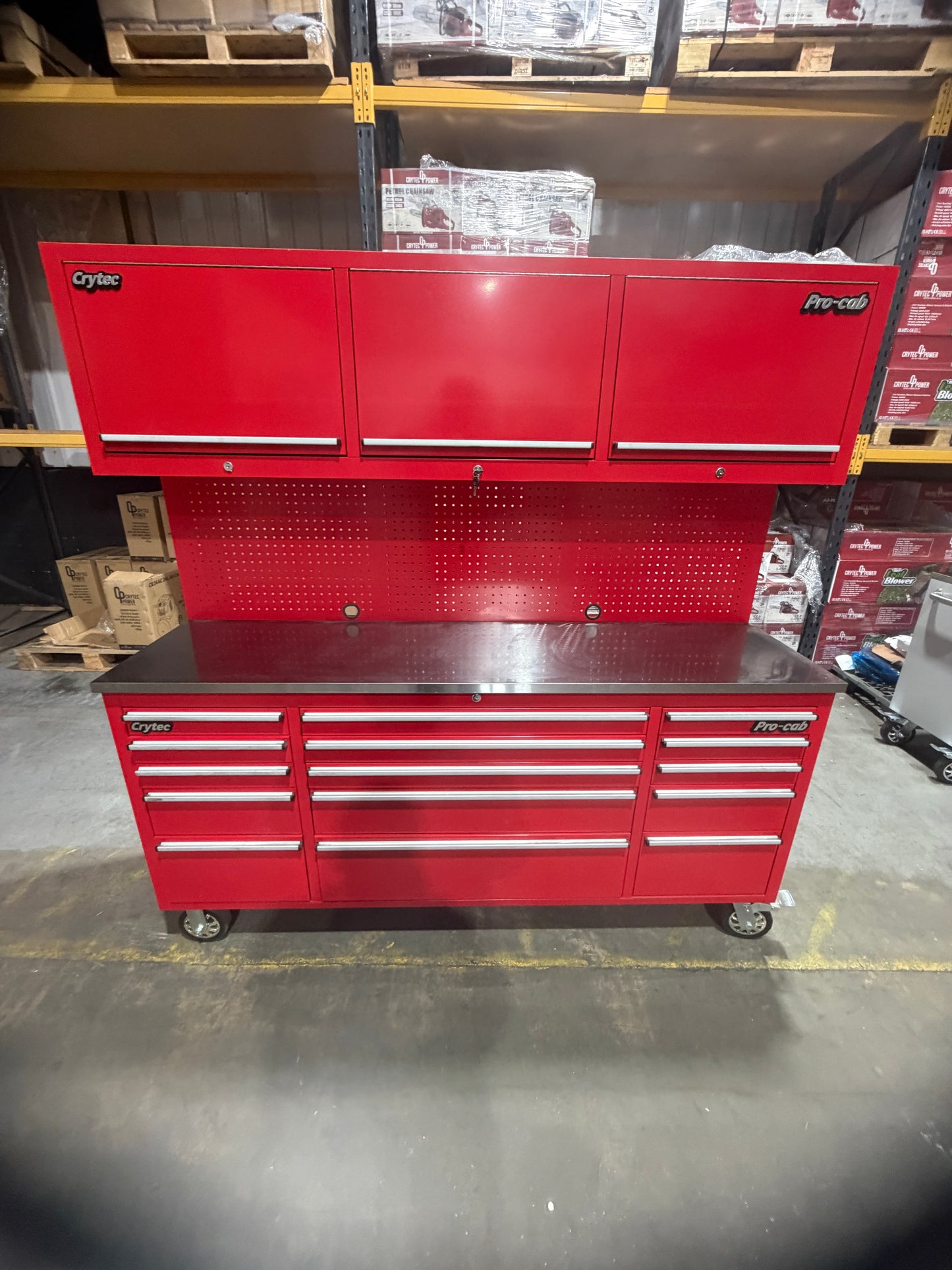 (Ex showroom) Crytec Pro Cab Red 72 inch + Top Cabinets Stainless Steel Top Tool Cabinet Snap On Style Box