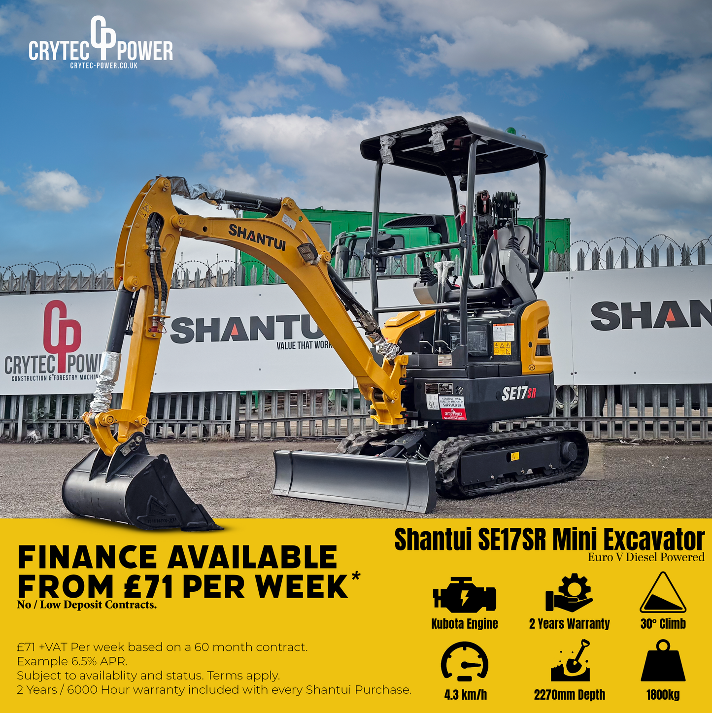 Shantui SE17SR Mini Excavator | Kubota Engine Euro Stage 5 | 1800kg | 3 Cylinder