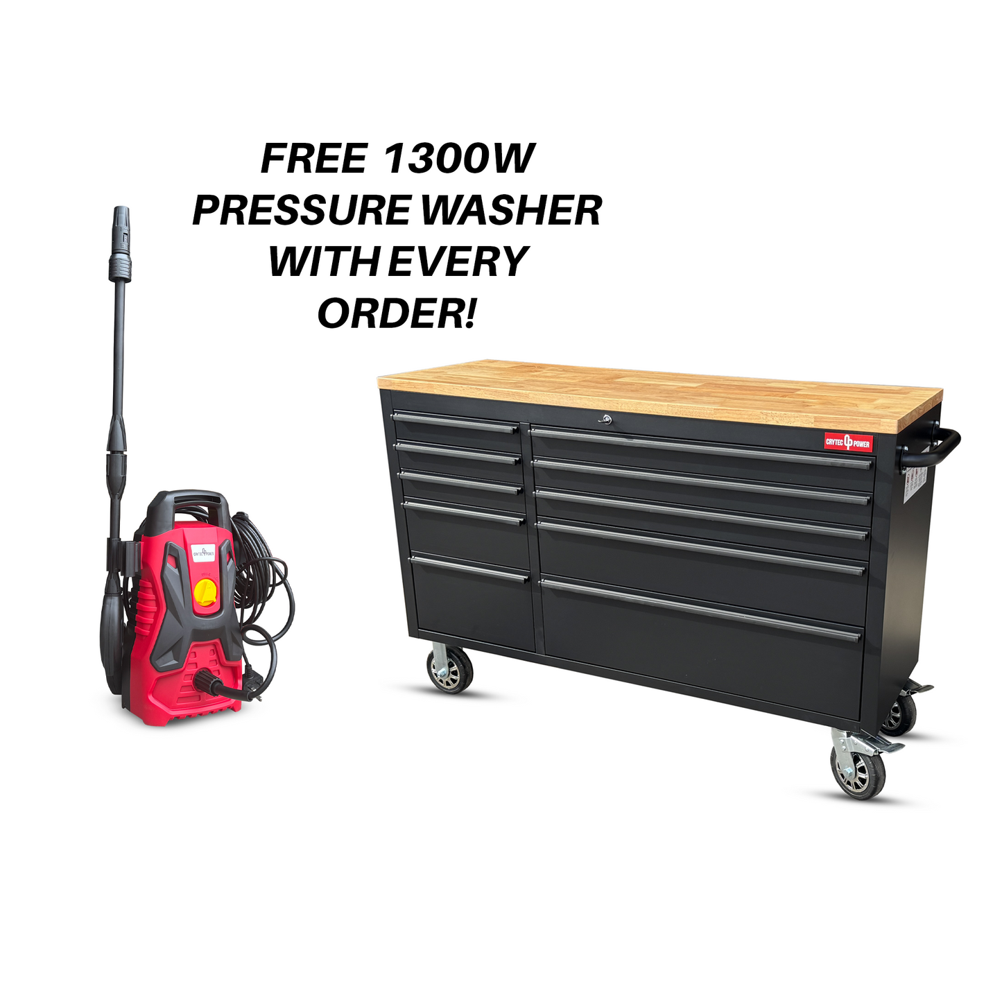 Crytec | 55" Tool Cabinet | Black | Wooden Top | 10 Drawers |