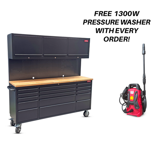 Crytec | 72" Tool Cabinet Workstation | Black | 15 Drawers | 3 x Cupboards & Pegboards