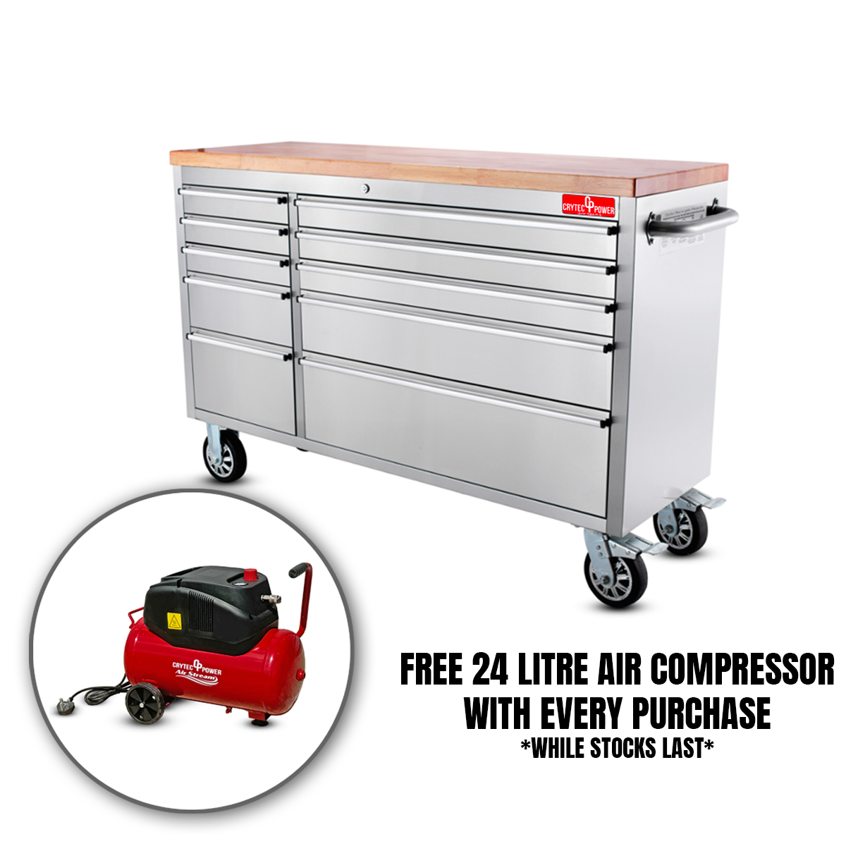 *PROMO* Crytec | 55" Tool Cabinet | Stainless Steel | 10 Drawers | Wooden Top