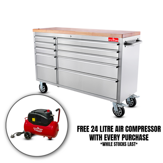 *PROMO* Crytec | 55" Tool Cabinet | Stainless Steel | 10 Drawers | Wooden Top