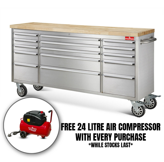 *PROMO* Crytec | 72" Tool Cabinet | Stainless Steel | 15 Drawers | Wooden Top