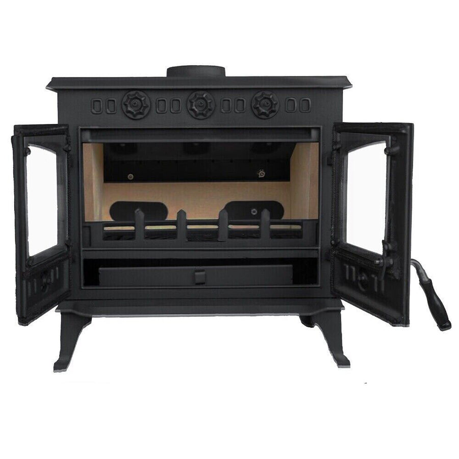 JA006 stove with doors open showing the fire chamber