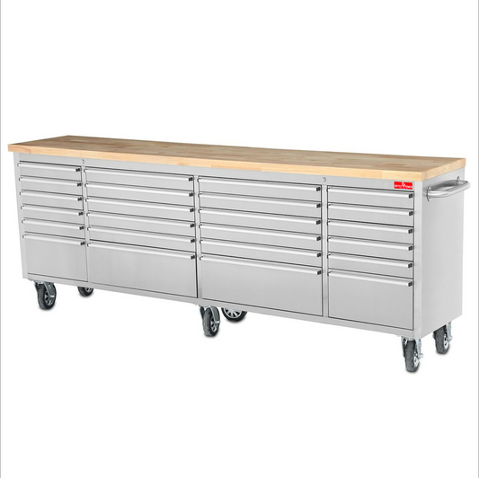 Crytec | 96" Tool Cabinet | Stainless Steel | 15 Drawers | Wooden Top