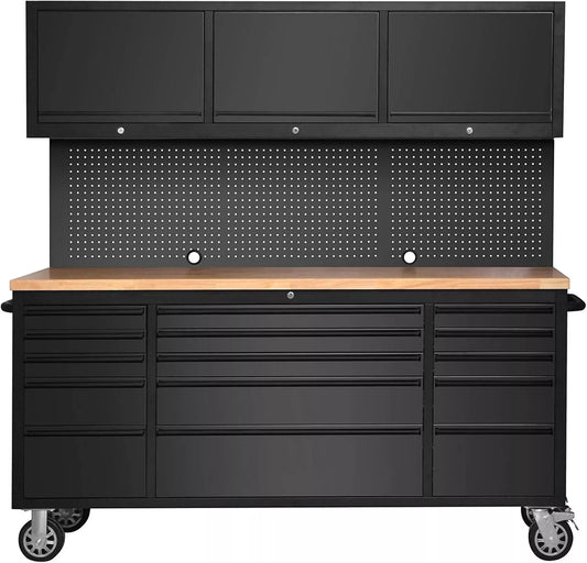 Crytec | 72" Tool Cabinet Workstation | Black | 15 Drawers | 3 x Cupboards & Pegboards